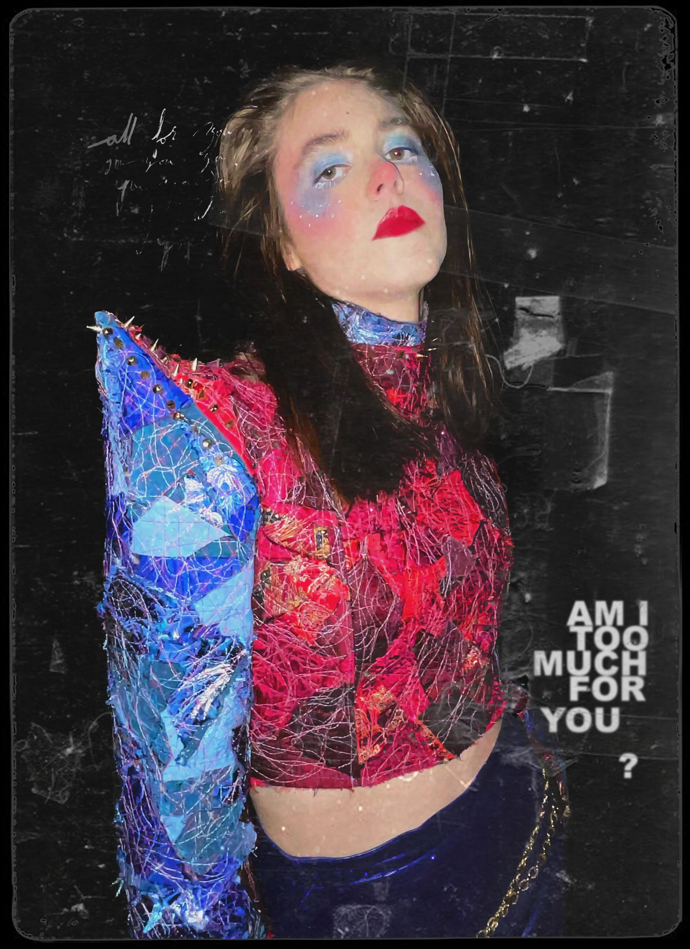 "AM I TOO MUCH FOR YOU? (Patchwork No.2)", 2026. From the Patchwork Photo Series. 
Various fabrics, thread. zipper, ribbon, brass studs; leather heeled boots, tights, leather skirt, chain belt.
Makeup & Photography by Lillian Hall.