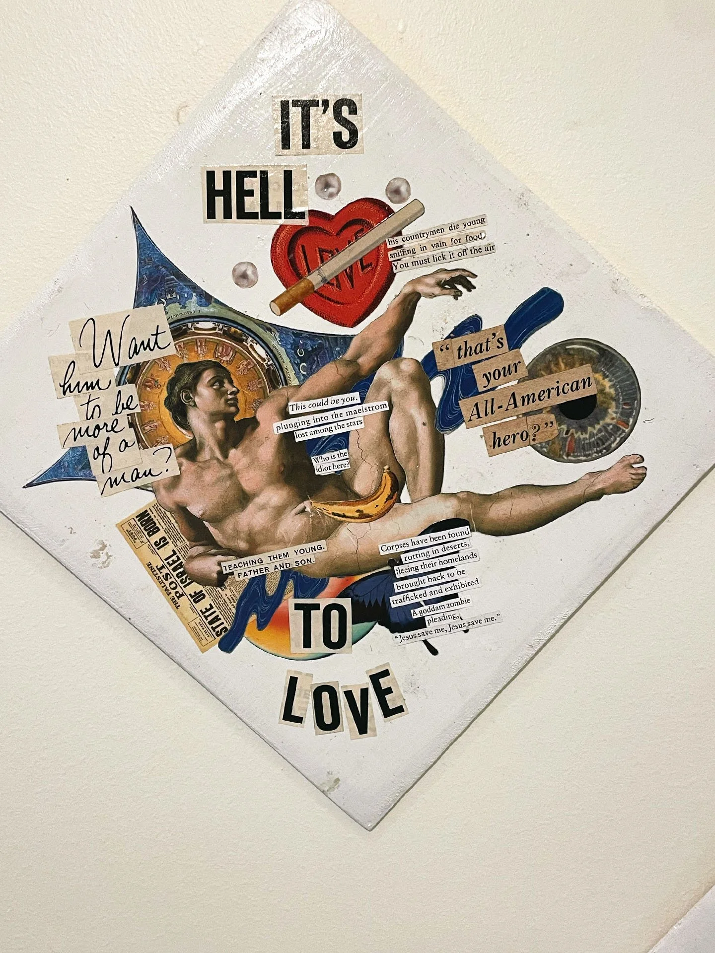 "Family Triptych", 2024. Collage. Wood, magazines, paint, glue.