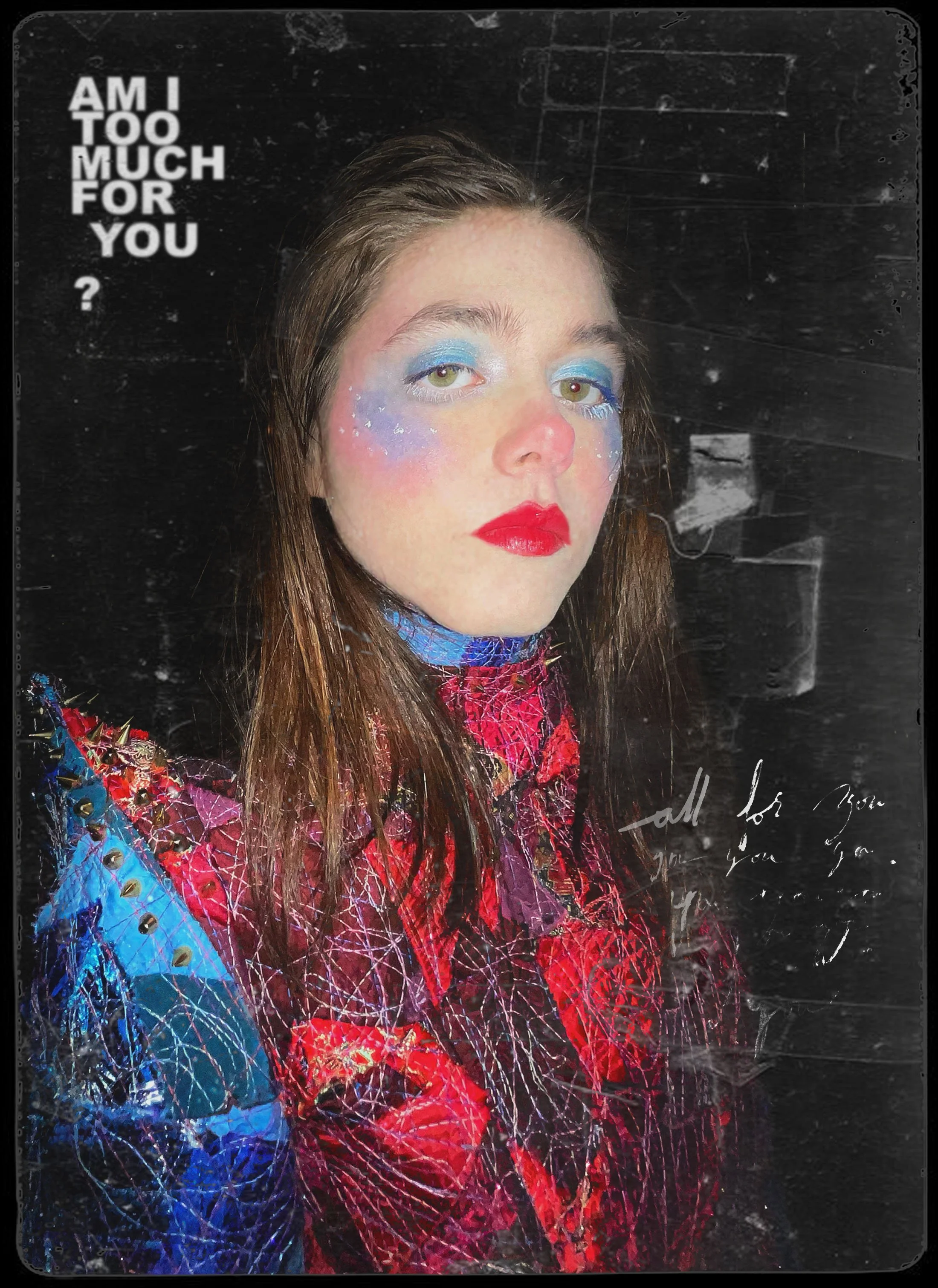 "AM I TOO MUCH FOR YOU? (Patchwork No.2)", 2026. From the Patchwork Photo Series. 
Various fabrics, thread. zipper, ribbon, brass studs; leather heeled boots, tights, leather skirt, chain belt.
Makeup & Photography by Lillian Hall.