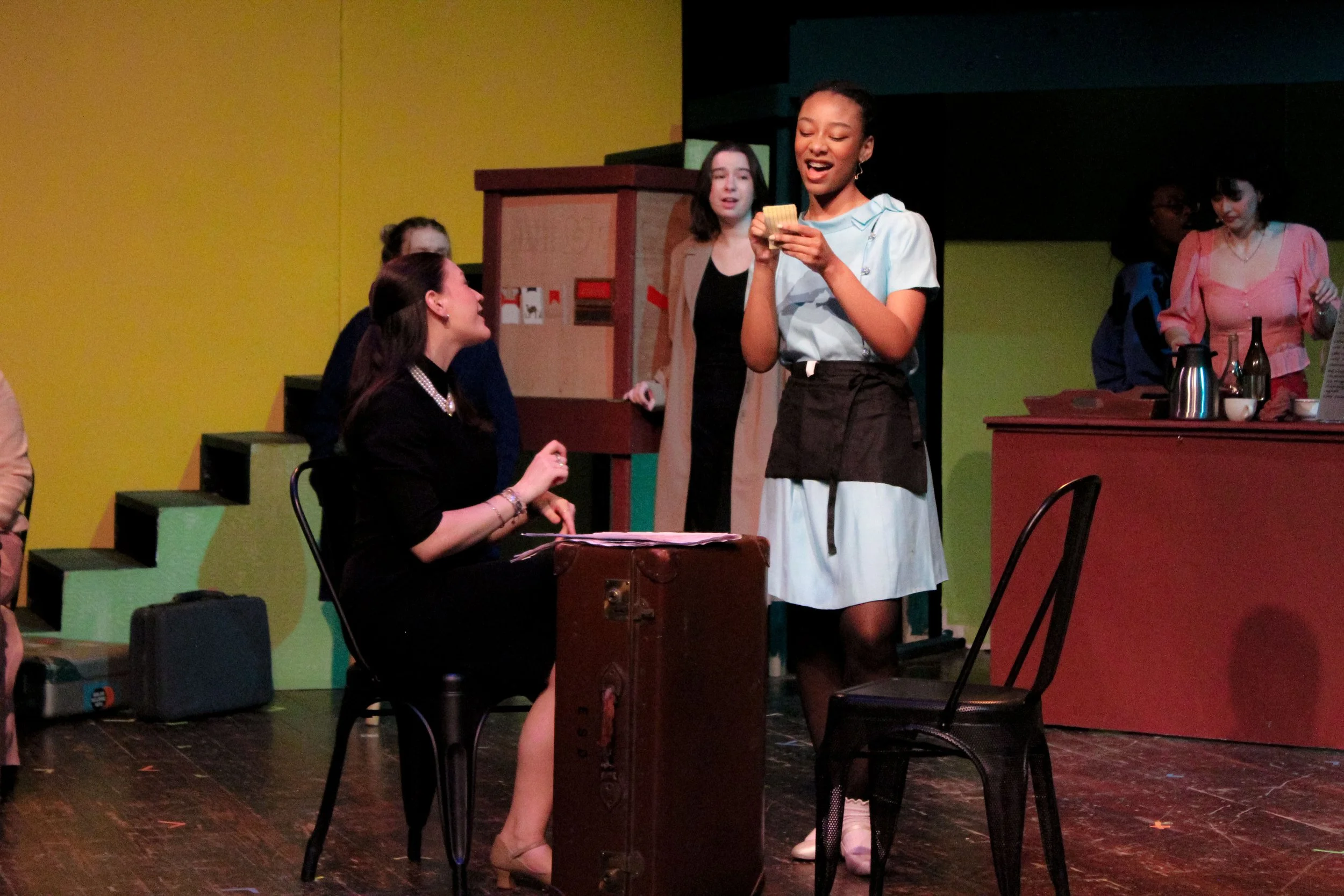 "Amélie", Spring 2024. Directed by Aliza Moran. Written by Craig Lucas, Daniel Messé, & Nathan Tysen. Photo: Nolita Palomar (left), Hilde Medovich (back), Rebecca Butler (center), Eliza Fleming (right).
