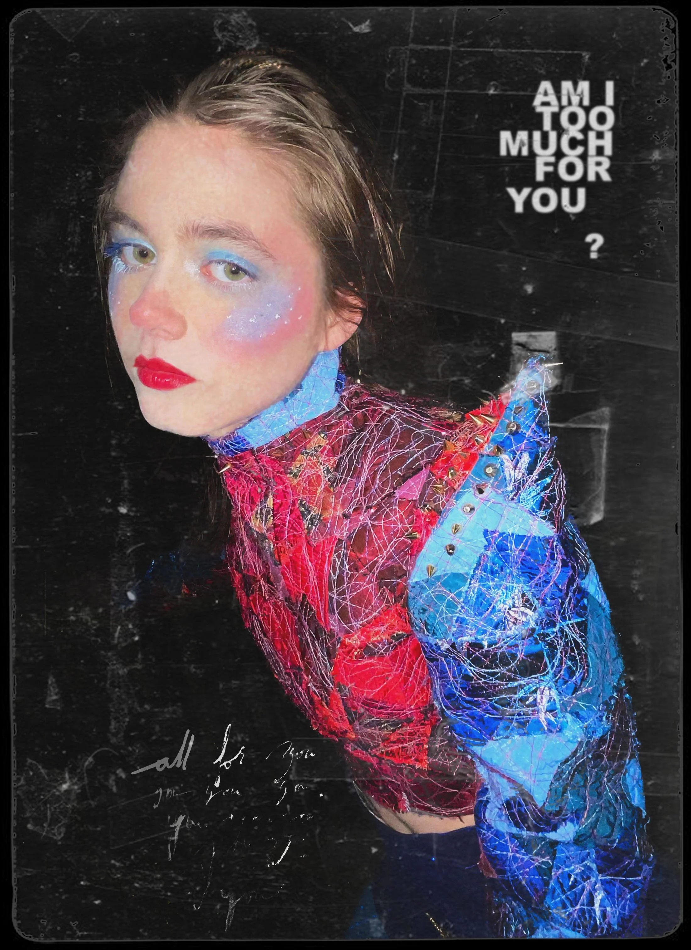 "AM I TOO MUCH FOR YOU? (Patchwork No.2)", 2026. From the Patchwork Photo Series. 
Various fabrics, thread. zipper, ribbon, brass studs; leather heeled boots, tights, leather skirt, chain belt.
Makeup & Photography by Lillian Hall.