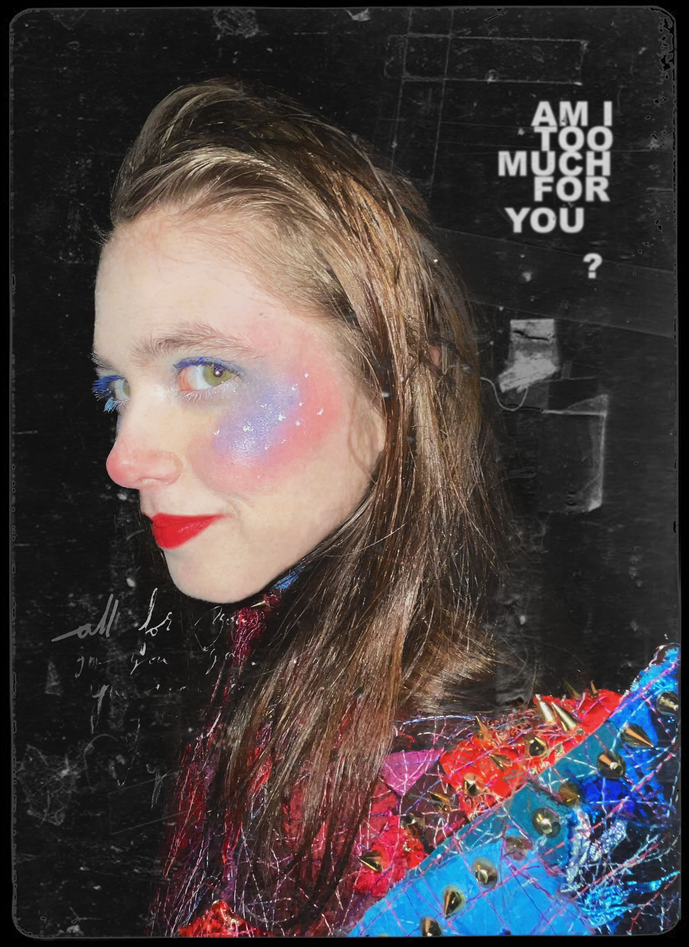 "AM I TOO MUCH FOR YOU? (Patchwork No.2)", 2026. From the Patchwork Photo Series. 
Various fabrics, thread. zipper, ribbon, brass studs; leather heeled boots, tights, leather skirt, chain belt.
Makeup & Photography by Lillian Hall.