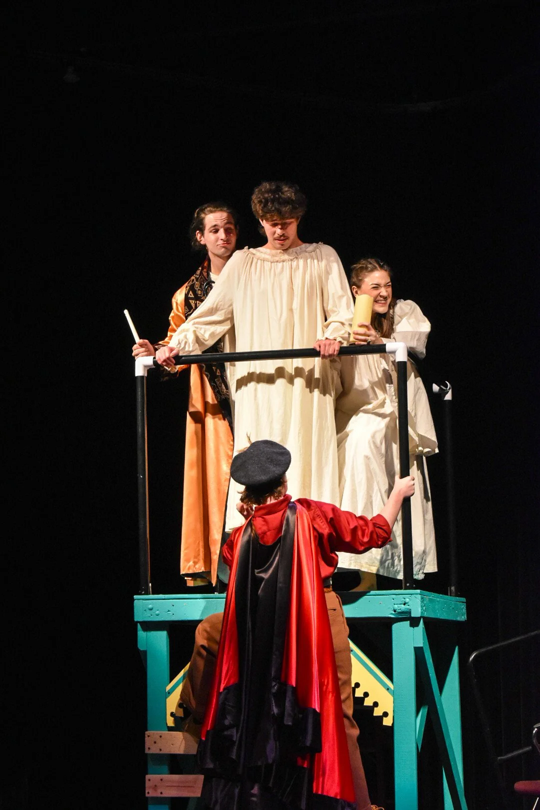 "Fools", Fall 2023. Directed by Jamie Boller-Raup. Written by Neil Simon. Photo: Peter Halvorsen (left), Blake Shirley (center), Nolita Palomar (right), Isabelle Logsdon (bottom).