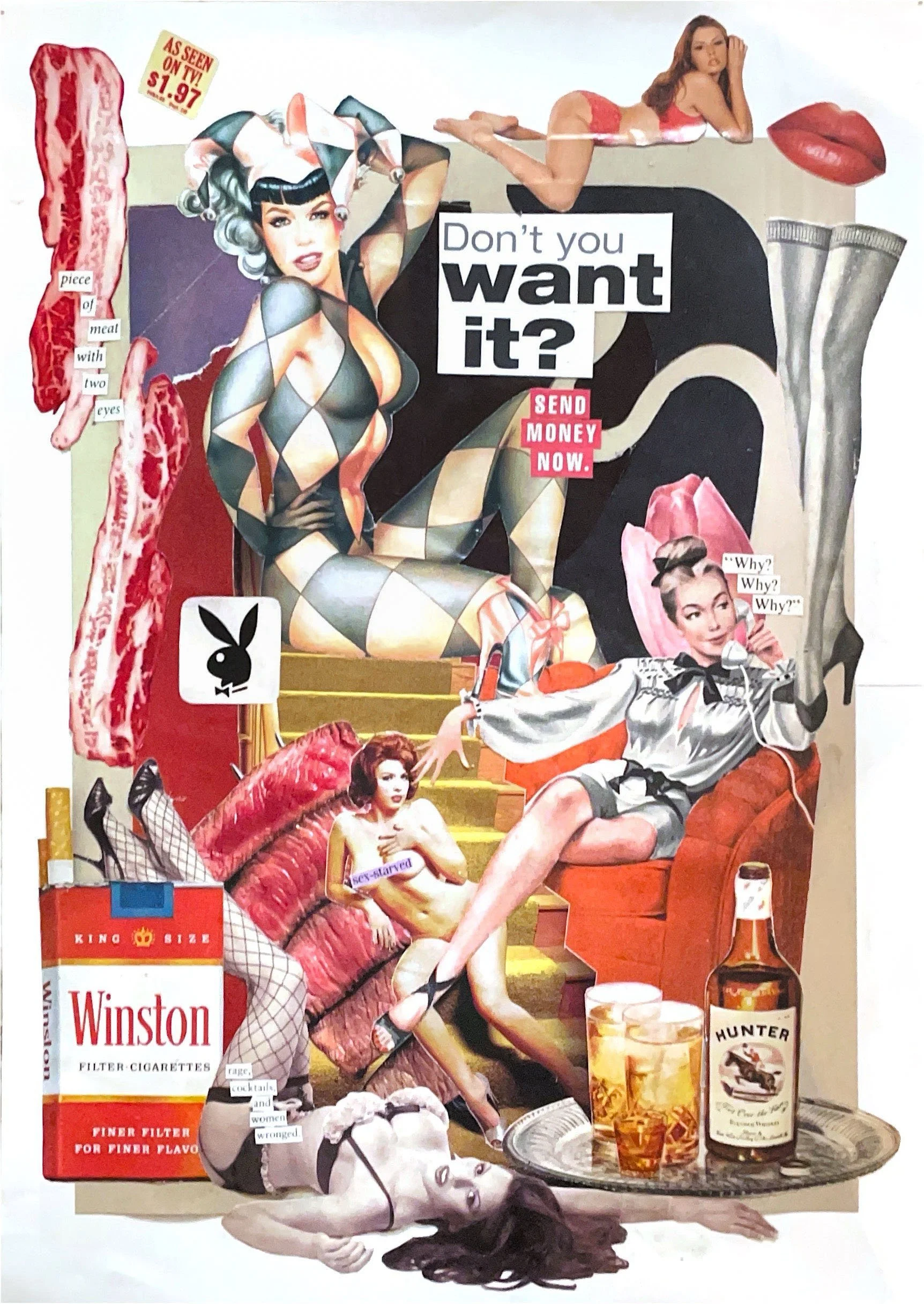 "Don't You Want It?" 2025. Collage. Mixed media paper, vintage Playboy magazines.