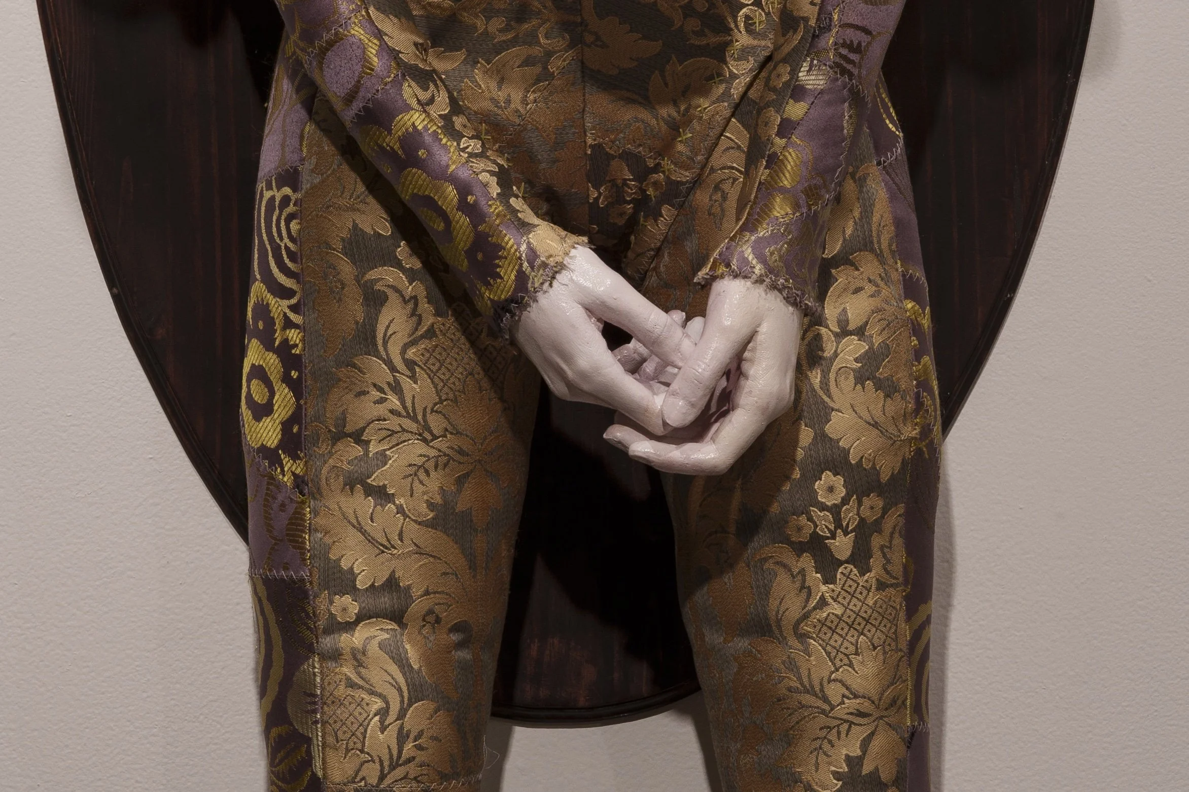 "Wallflower", 2026. Brocade, organza, polyester, Polyfill, wire, wood, resin. Featured in the 2026 Senior Thesis Exhibition at Rhodes College.