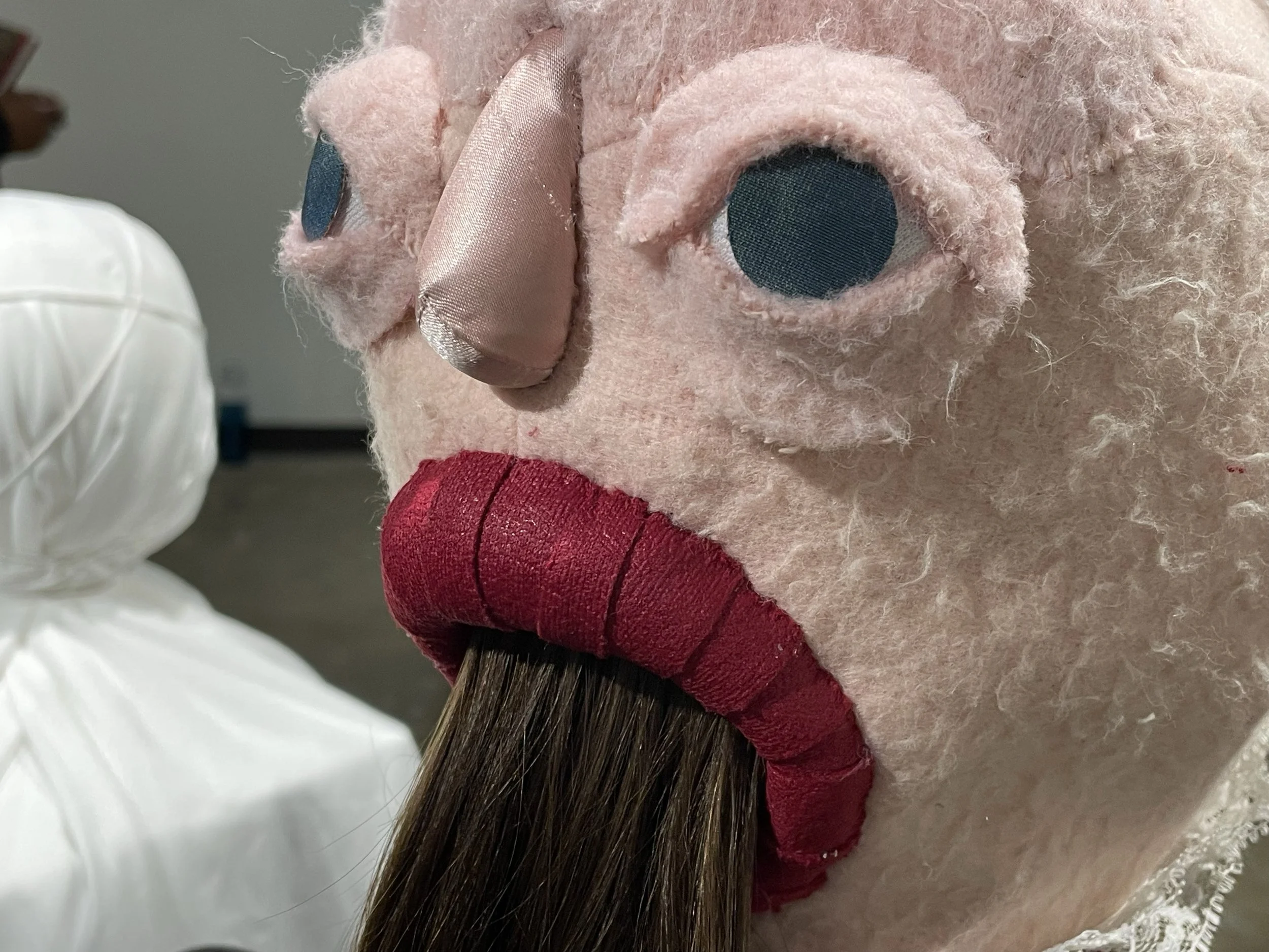 "Eyes In the Back of Her Head", 2026. Installation & Wearable Art. Fleece & various fabrics, lace, embroidery floss, foam clay, Polyfill. Photographed by Alana Reese-Walker.
