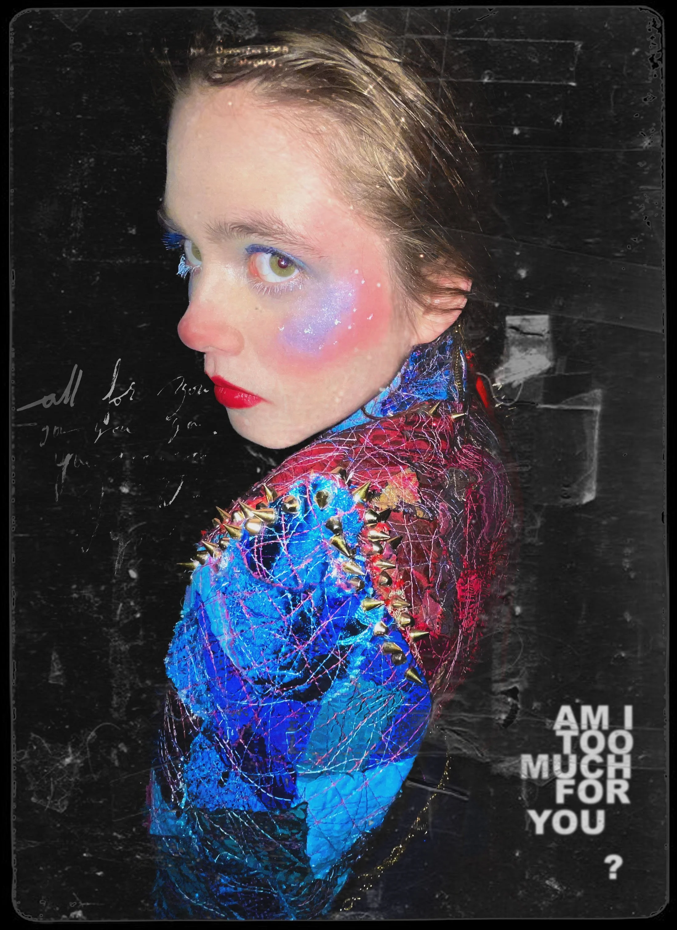 "AM I TOO MUCH FOR YOU? (Patchwork No.2)", 2026. From the Patchwork Photo Series. 
Various fabrics, thread. zipper, ribbon, brass studs; leather heeled boots, tights, leather skirt, chain belt.
Makeup & Photography by Lillian Hall.