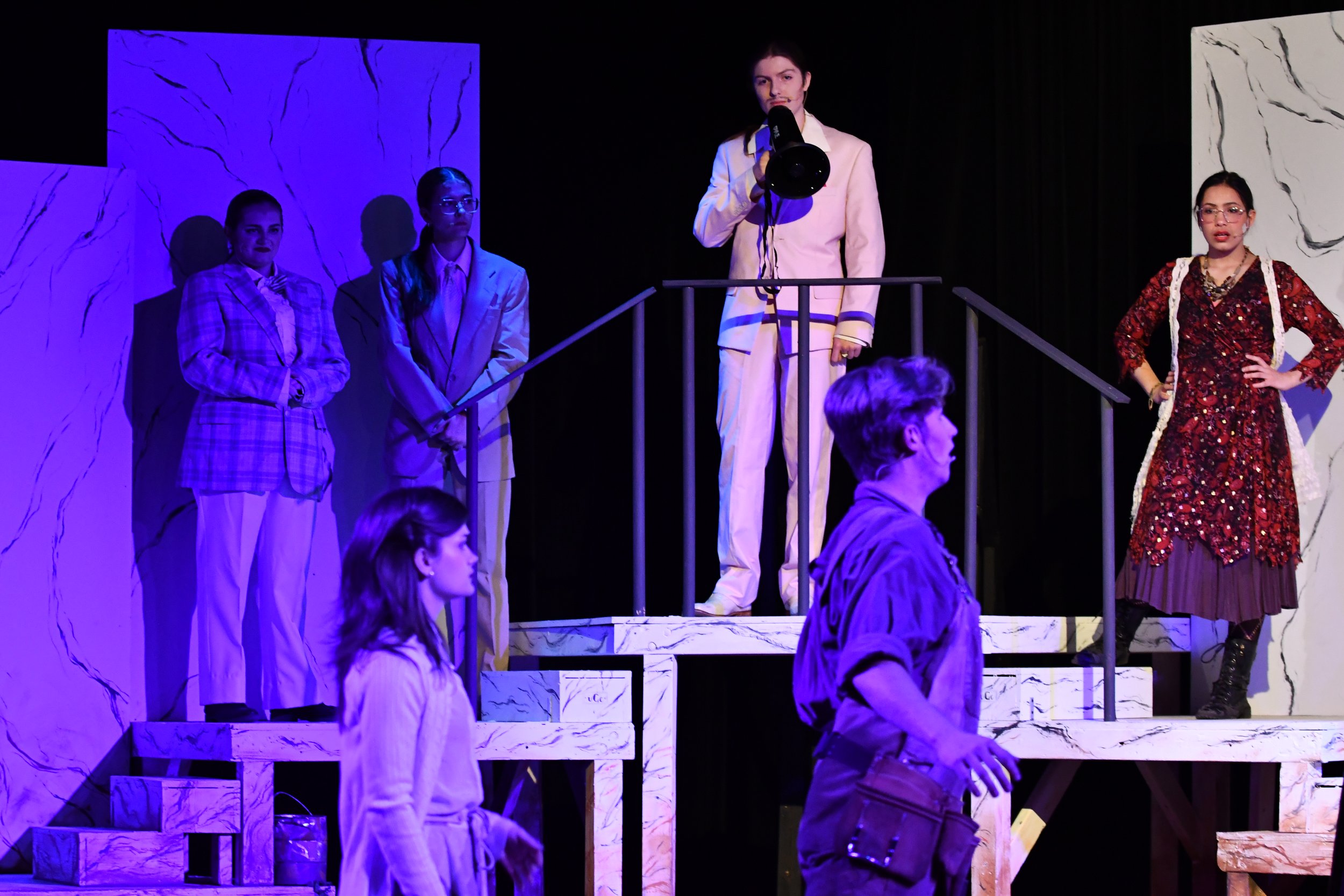 "Urinetown", Spring 2026. Directed by Claire D. Kolheim. Written by Greg Kotis. Photo: (left to right) Lily Russell, Lilith Dyson, Cordelia O'Bradovich, Emma Wyckoff, Kevin Lechner, Alex Ogilvie.