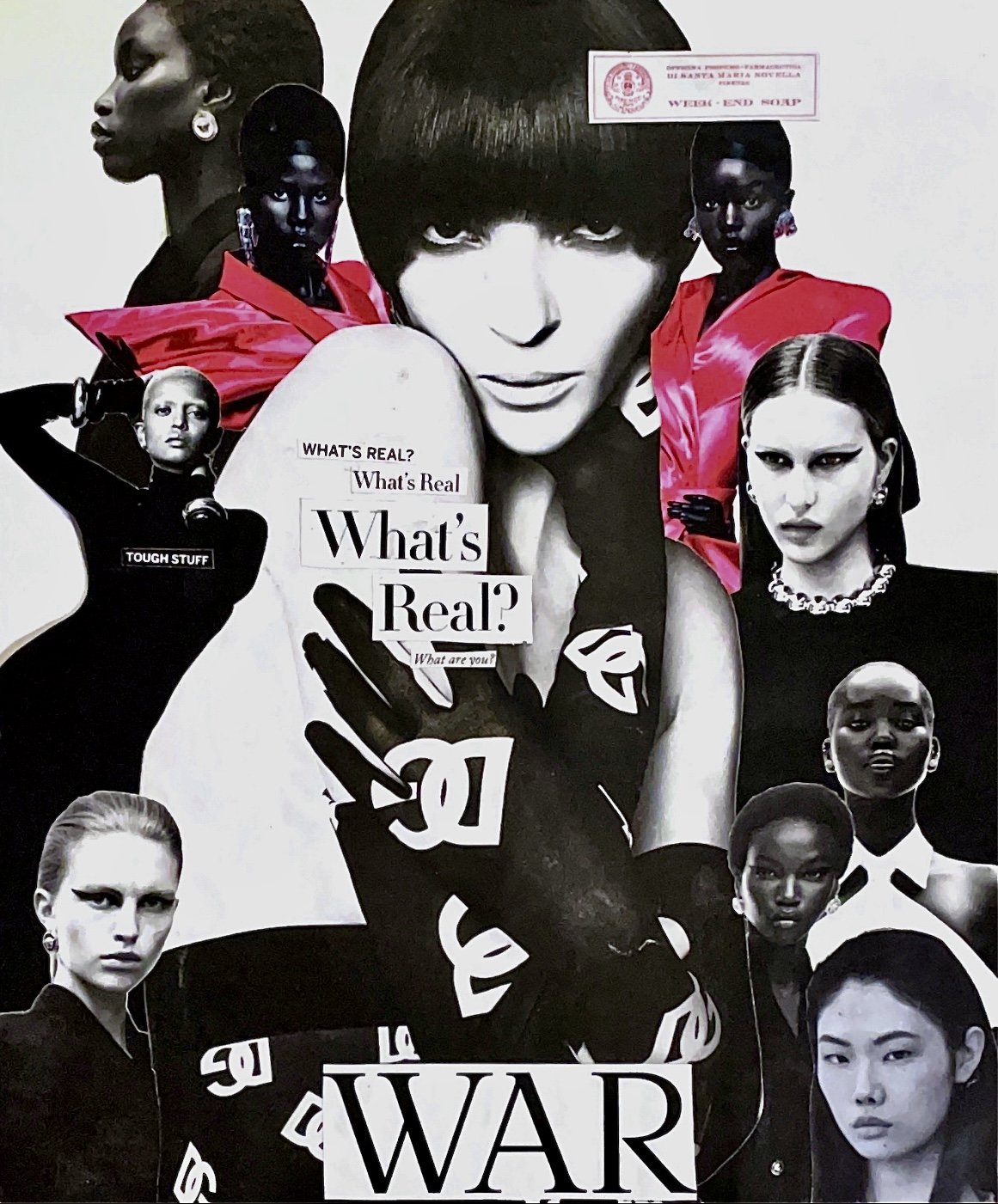 "What's Real? (WAR)", 2023. Collage. Watercolor paper, Vogue magazines. 9.8 x 9in. 