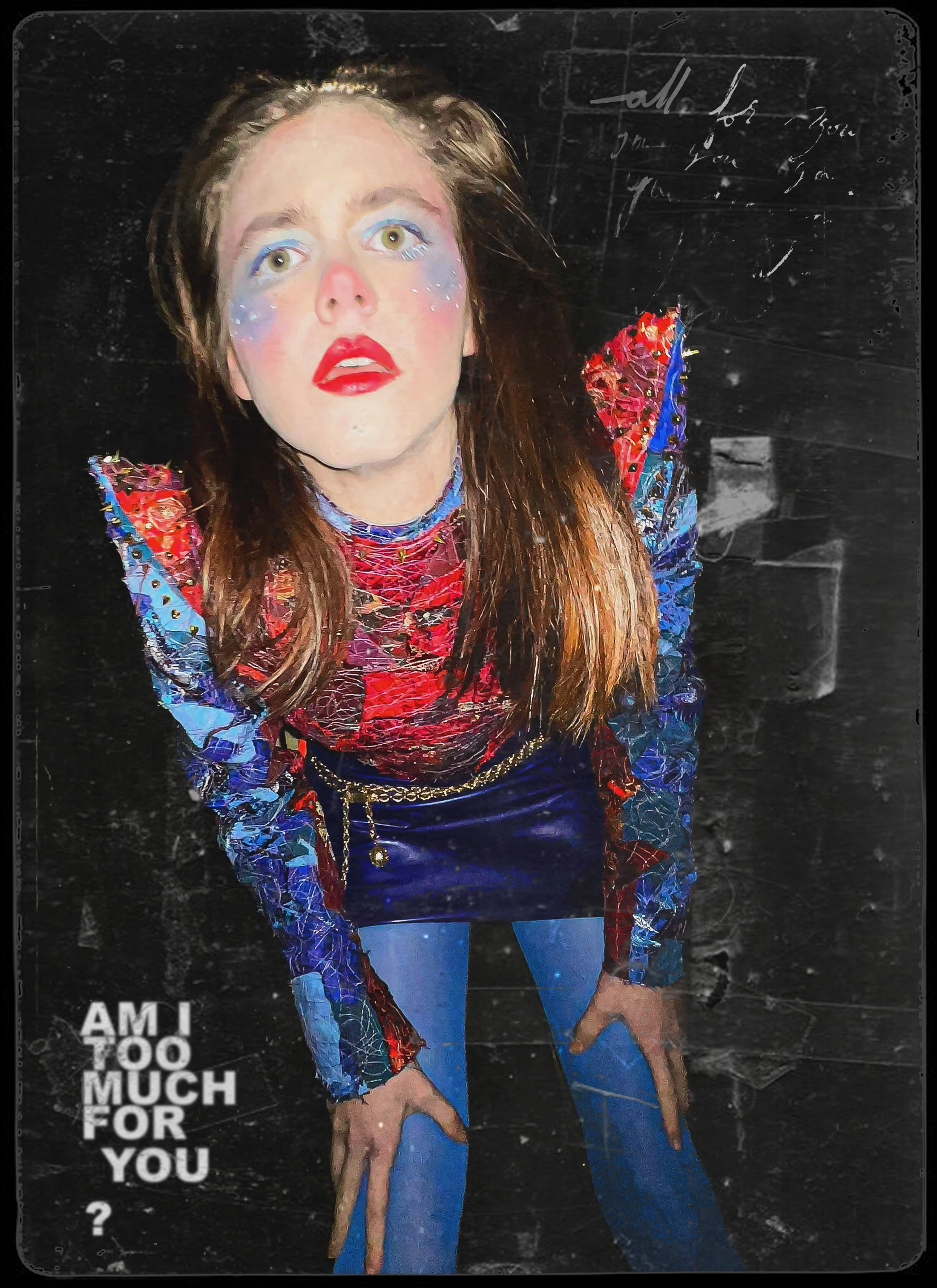"AM I TOO MUCH FOR YOU? (Patchwork No.2)", 2026. From the Patchwork Photo Series. 
Various fabrics, thread. zipper, ribbon, brass studs; leather heeled boots, tights, leather skirt, chain belt.
Makeup & Photography by Lillian Hall.