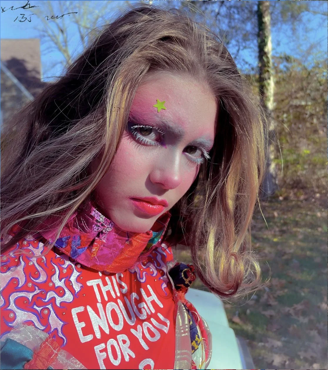 "IS THIS ENOUGH FOR YOU? (Patchwork No.1)", 2023. From the Patchwork Photo Series. 
Various fabrics, pearl beads, chain, boning, brass eyelets & fasteners, pleather boots, bodysuit, paint.
Makeup & Photography by Lillian Hall.