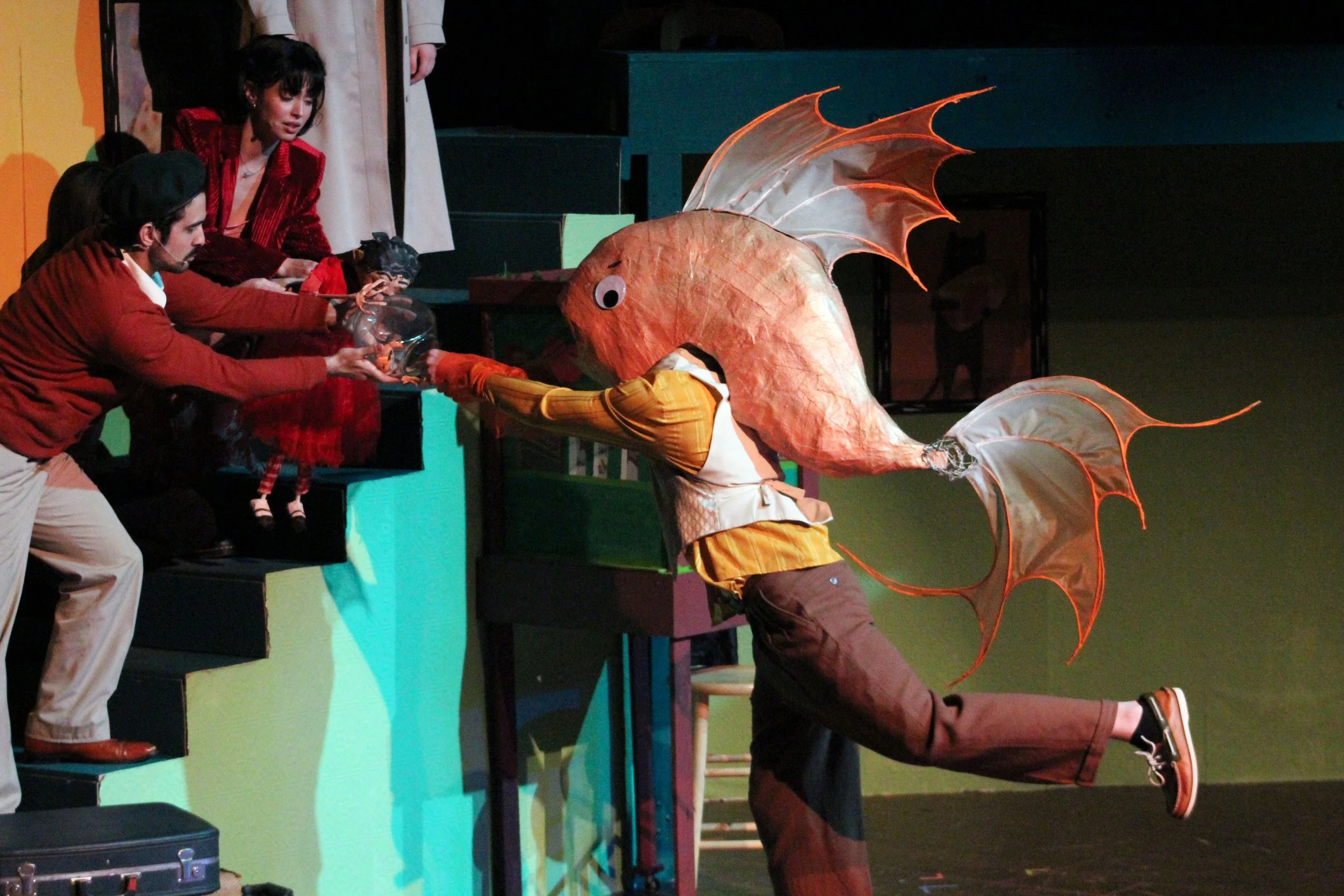 "Amélie", Spring 2024. Directed by Aliza Moran. Written by Craig Lucas, Daniel Messé, & Nathan Tysen. Photo: (left to right) Javier Peña, Eliza Fleming, Elliot Robinson. 