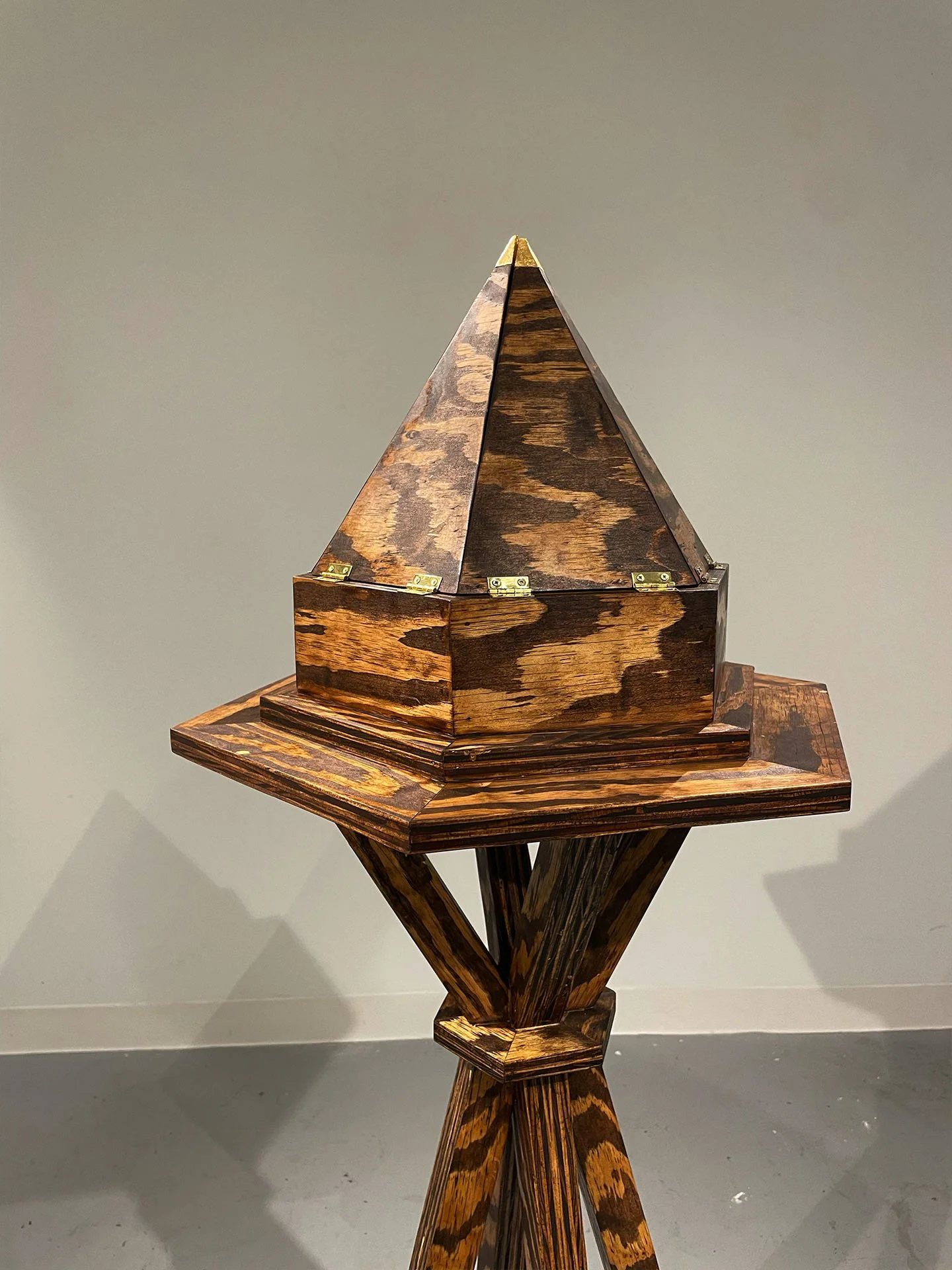 "Reliquary", 2025. Wood, brass hinges, gold leaf, fabric, thread, thread snips, sewing pins