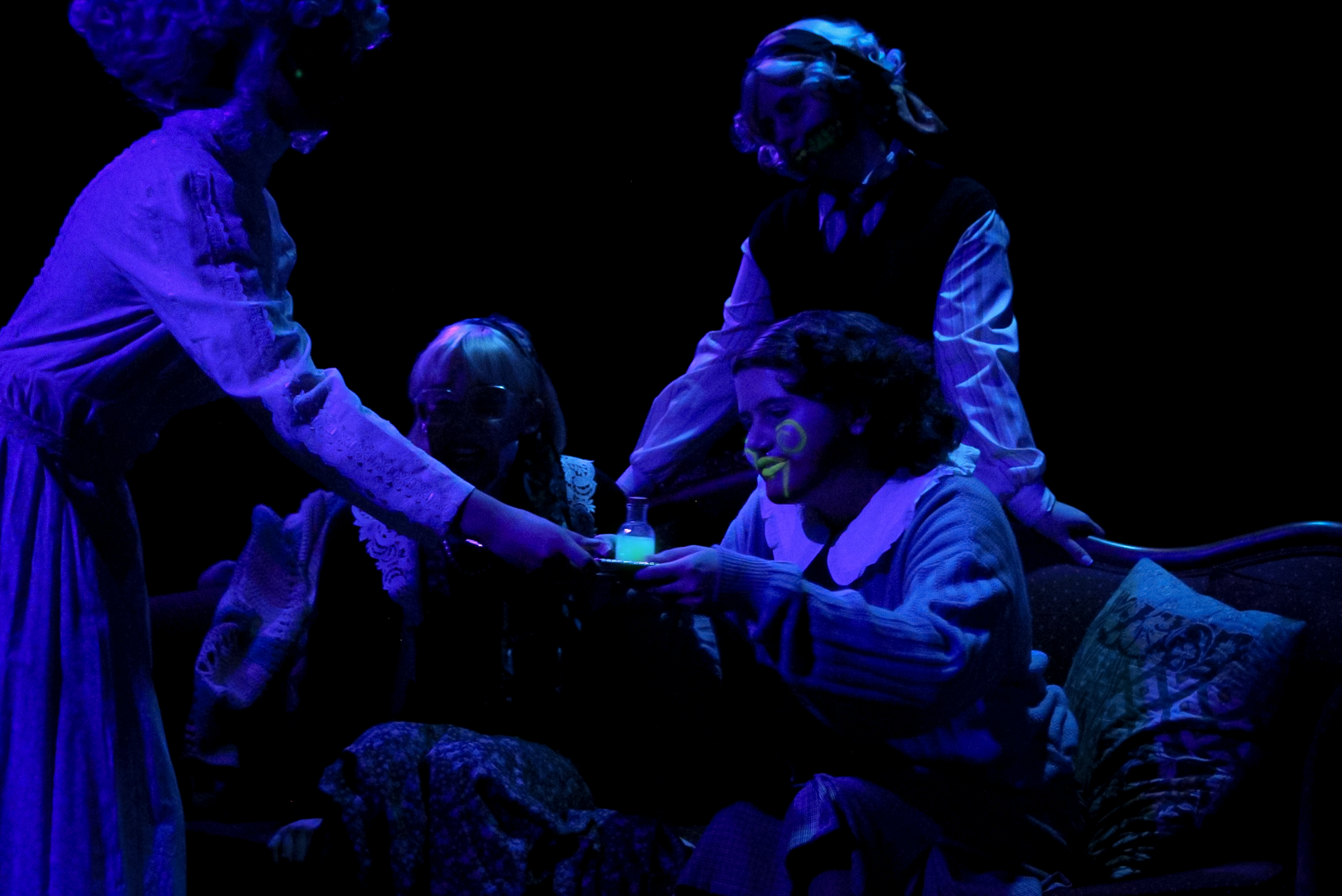 "Radium Girls", Fall 2025. Directed by Christina Hernandez. Written by D.W. Gregory. Photo: (left to right) Kate Robinson, Theo Lord, Elm Shreeve, Wae Methvin.
