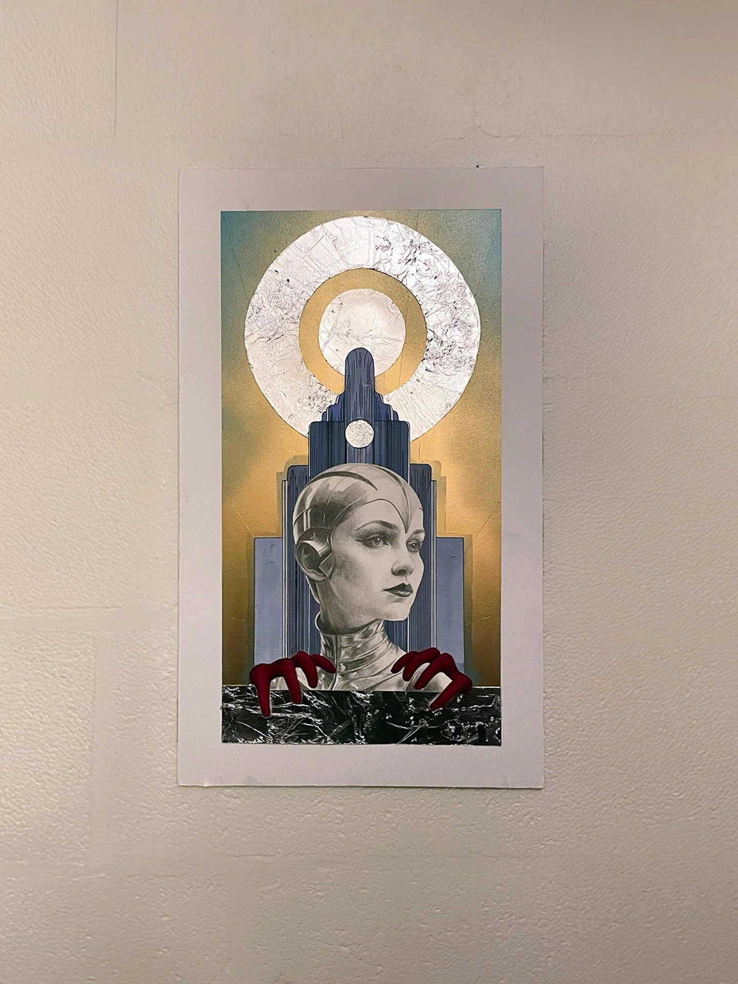 "FACE FUTURE PAST", 2024. Graphite, gouache, ink, silver leaf, spray paint, mixed media paper, foam board.