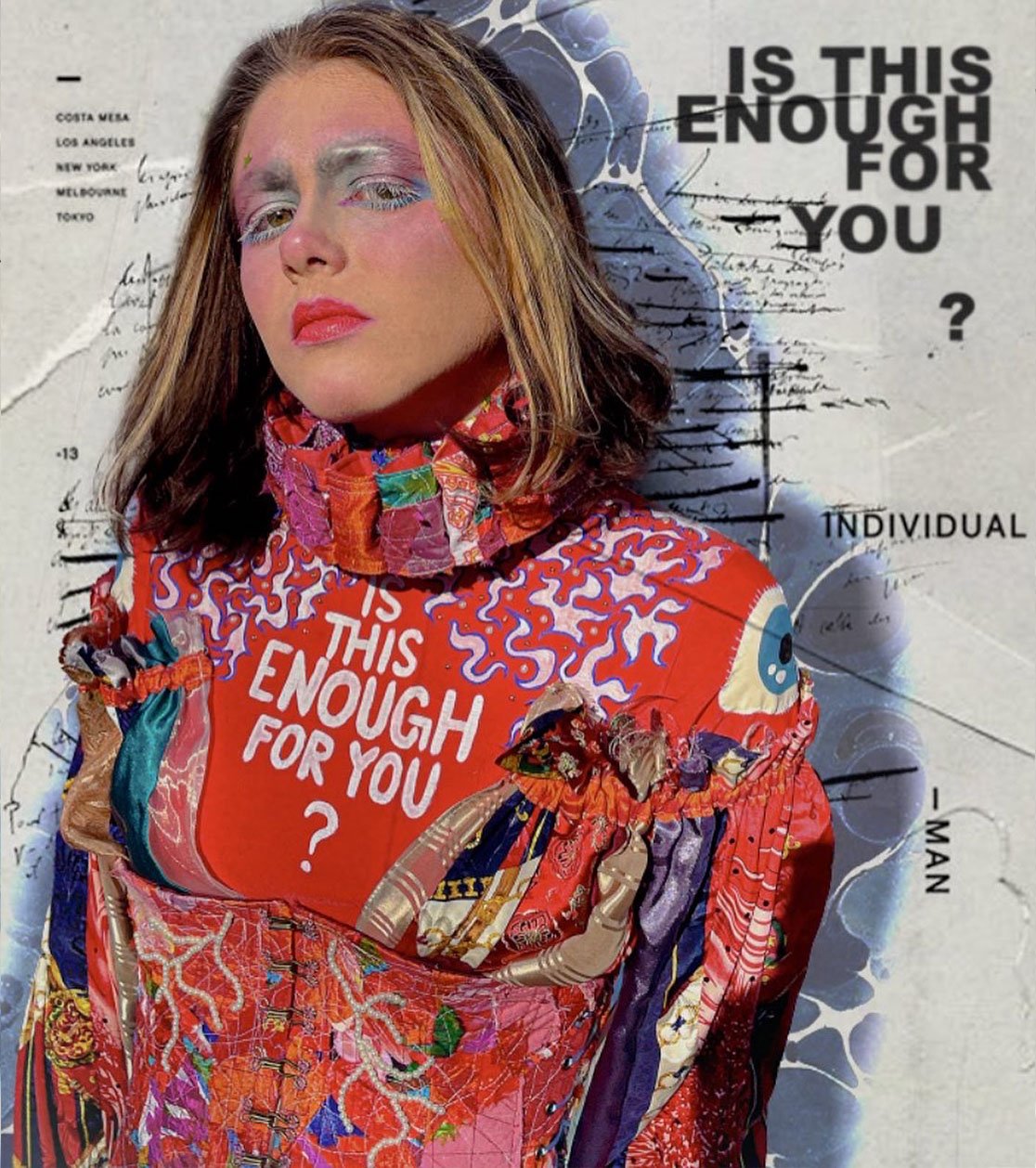 "IS THIS ENOUGH FOR YOU? (Patchwork No.1)", 2023. From the Patchwork Photo Series. 
Various fabrics, pearl beads, chain, boning, brass eyelets & fasteners, pleather boots, bodysuit, paint.
Makeup & Photography by Lillian Hall.