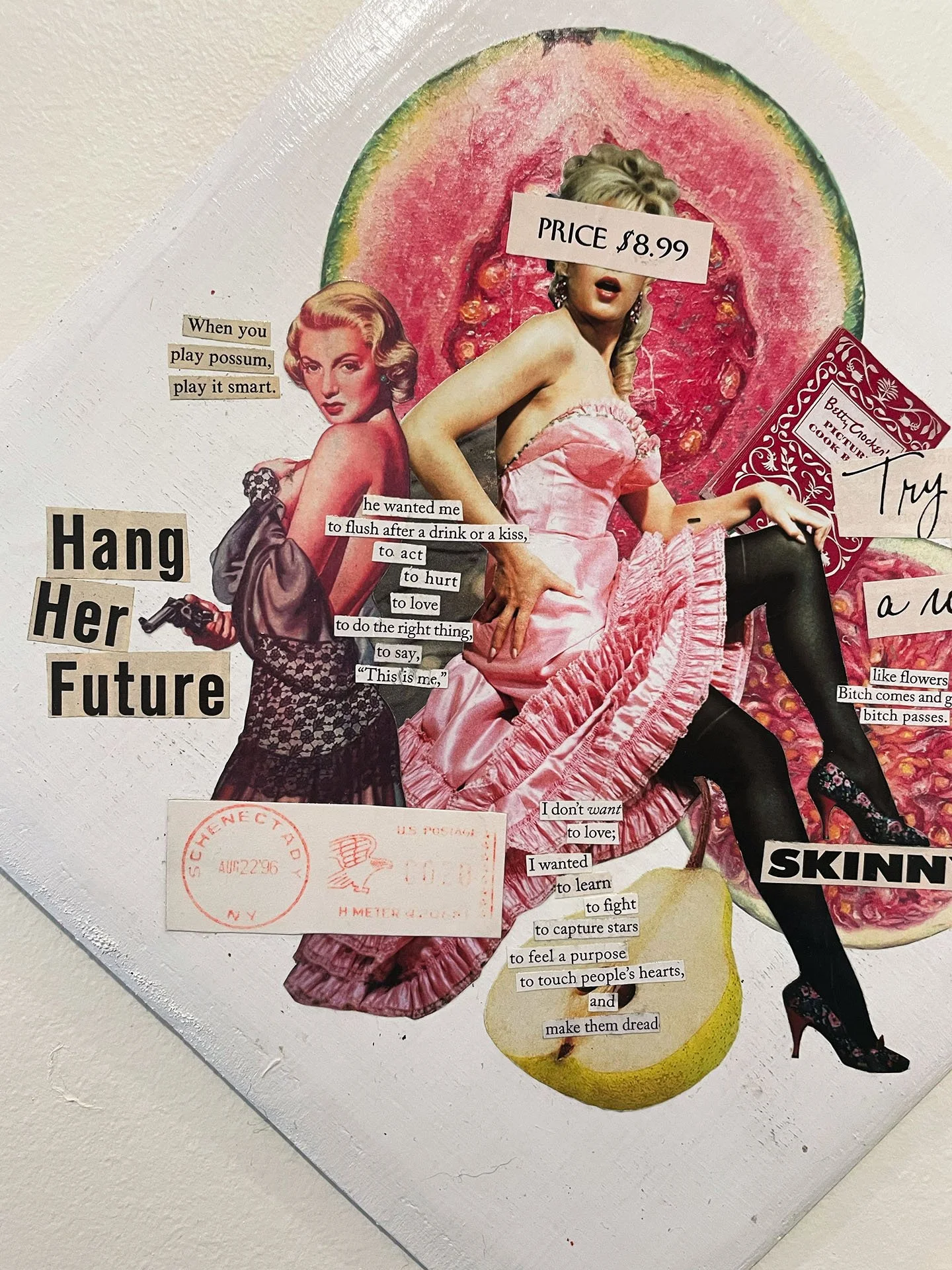 "Family Triptych," 2024. Wood, magazines, paint, glue. 