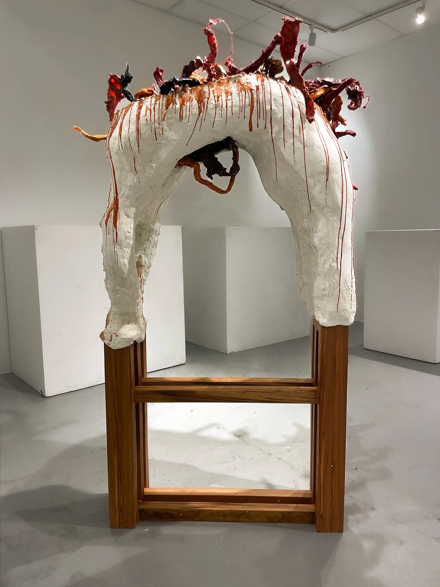 "Spill Your Guts", 2025. Beeswax & thermoplastic wax, plaster, copper, old barn wood.