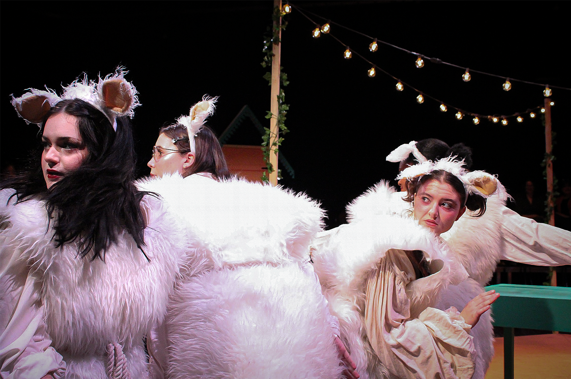 "Fools", Fall 2023. Directed by Jamie Boller-Raup. Written by Neil Simon. Photo: (left to right) Lily Russell, Theo Lord, Marisa Schultz, Cierra May.
