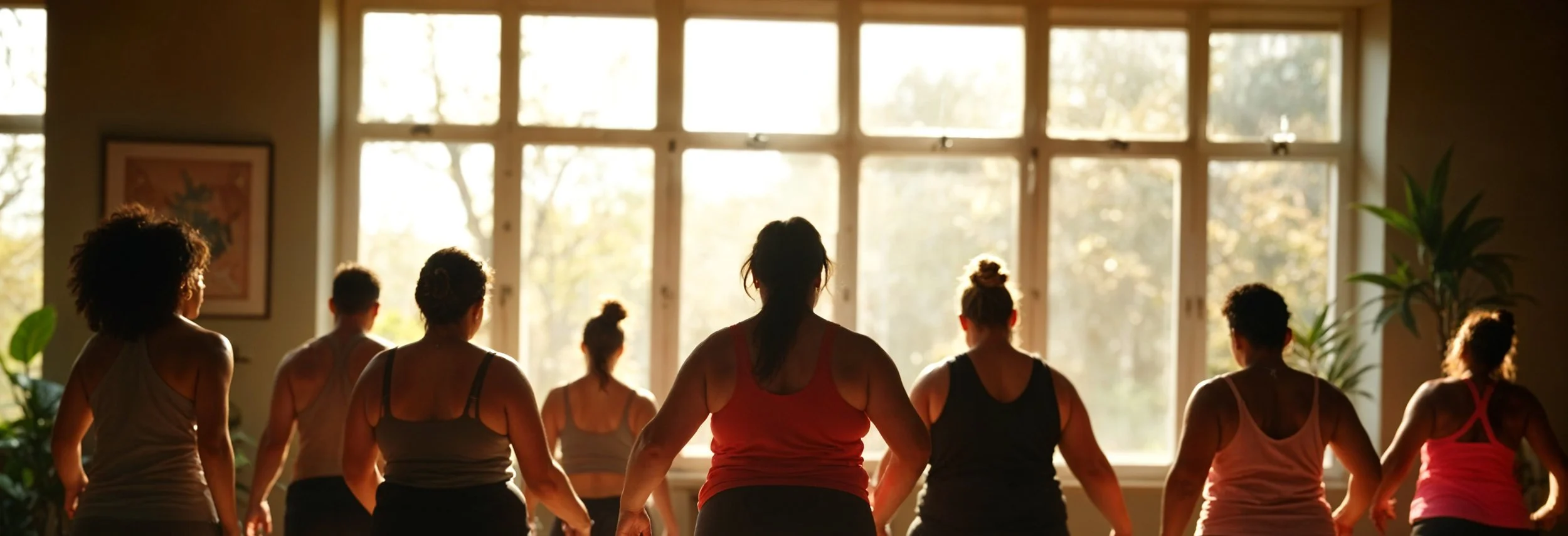 Group of women participating in a fitness or dance class in a brightly lit room with large windows and indoor plants.