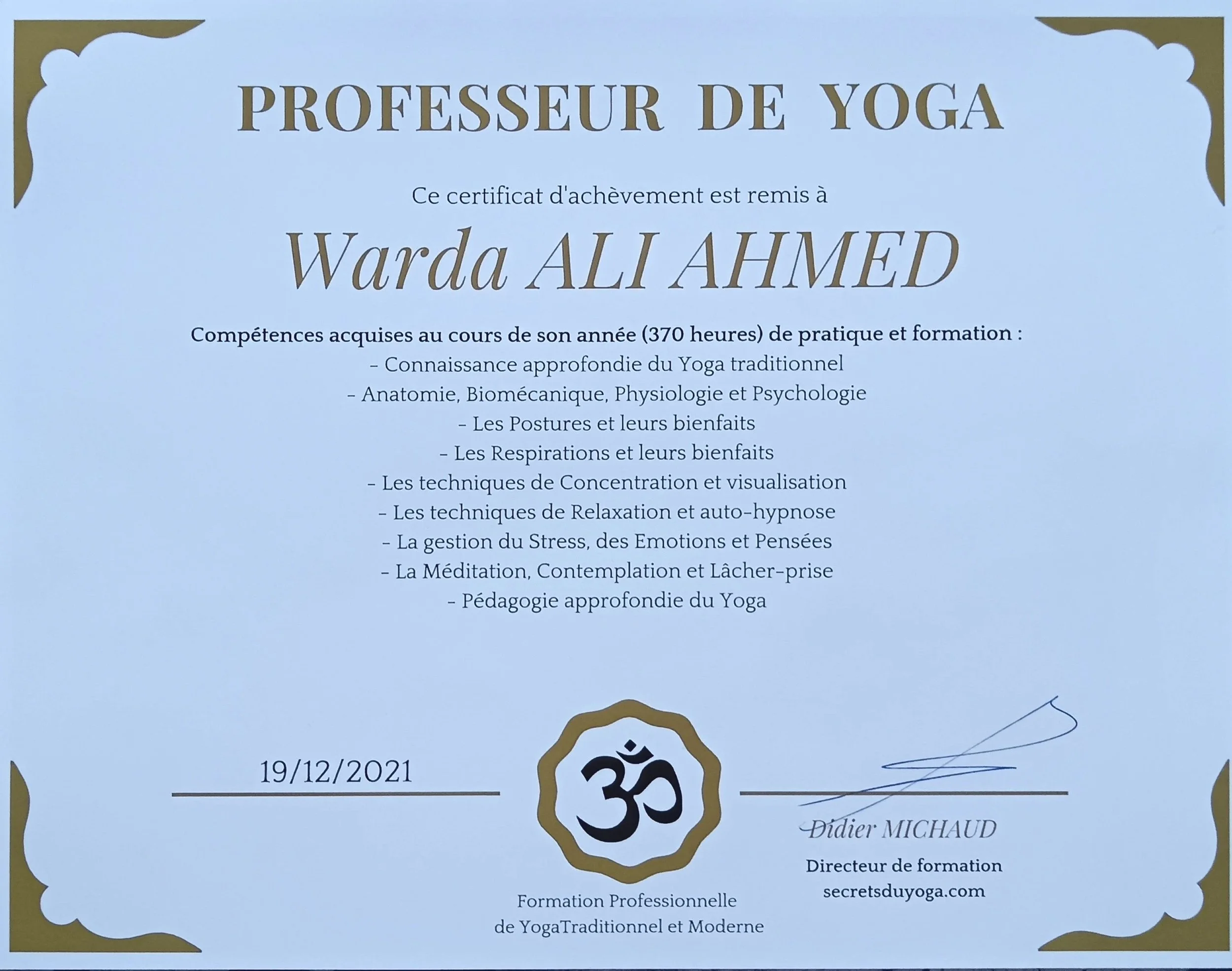 Certificat Yoga traditionnel et moderne de Warda Ali Ahmed, 370 heures