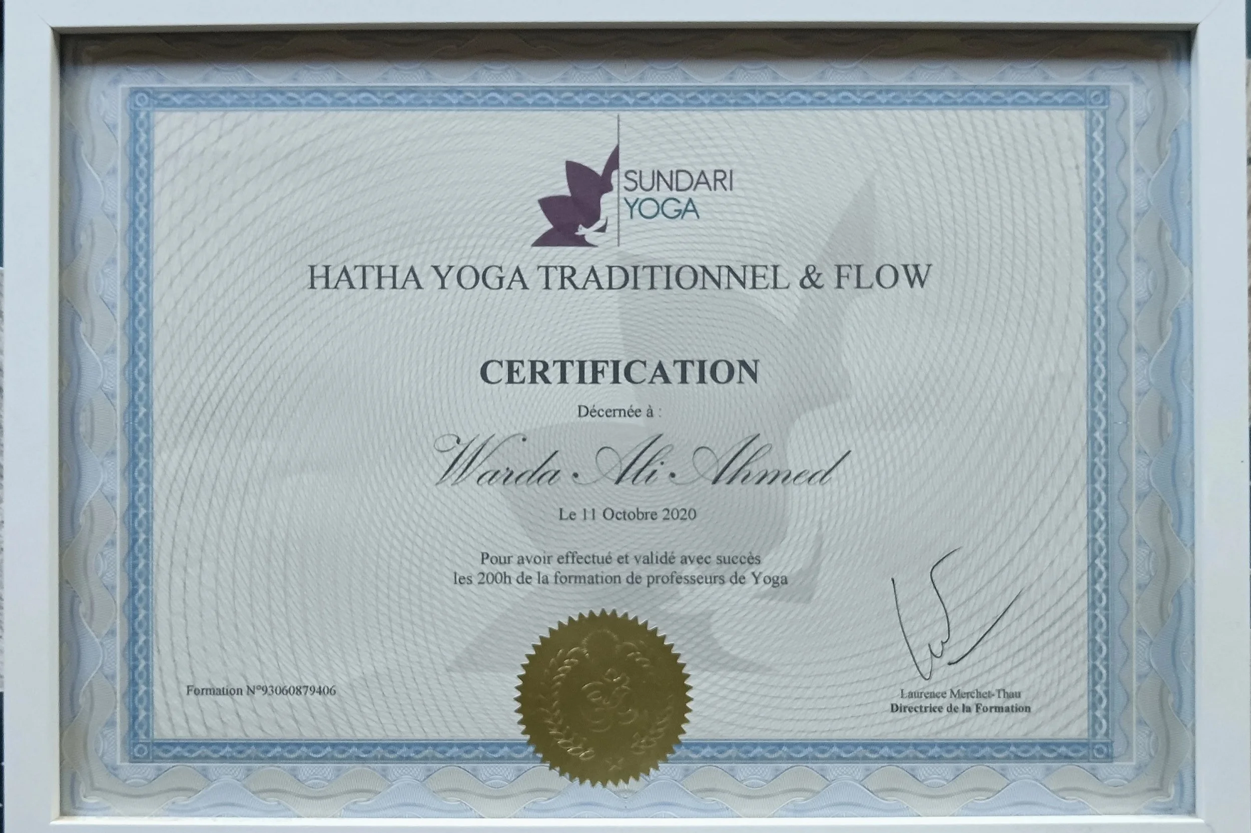 Certificat Hatha Yoga traditionnel et Flow de Warda Ali Ahmed, 200 heures