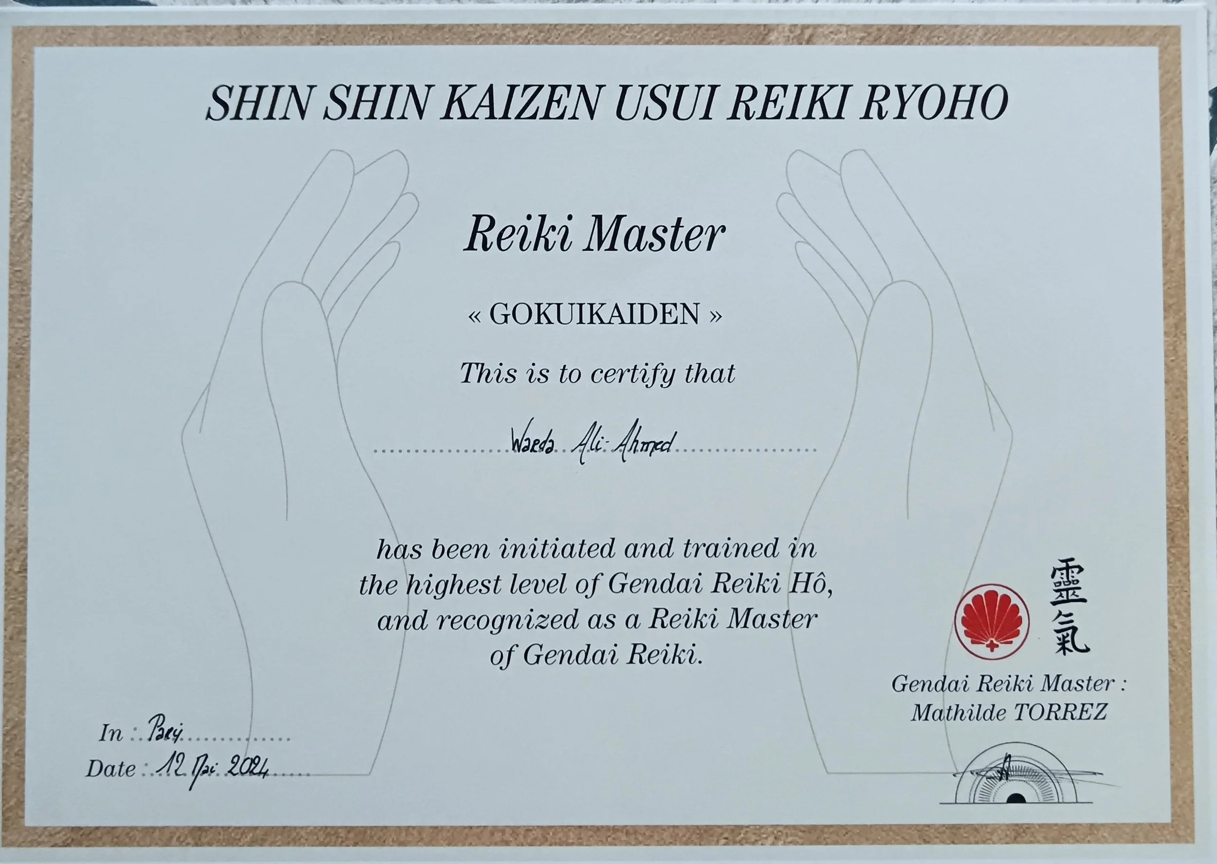 Certificat de maîtrise enseignante en Gendai Reiki Hō de Warda Ali Ahmed