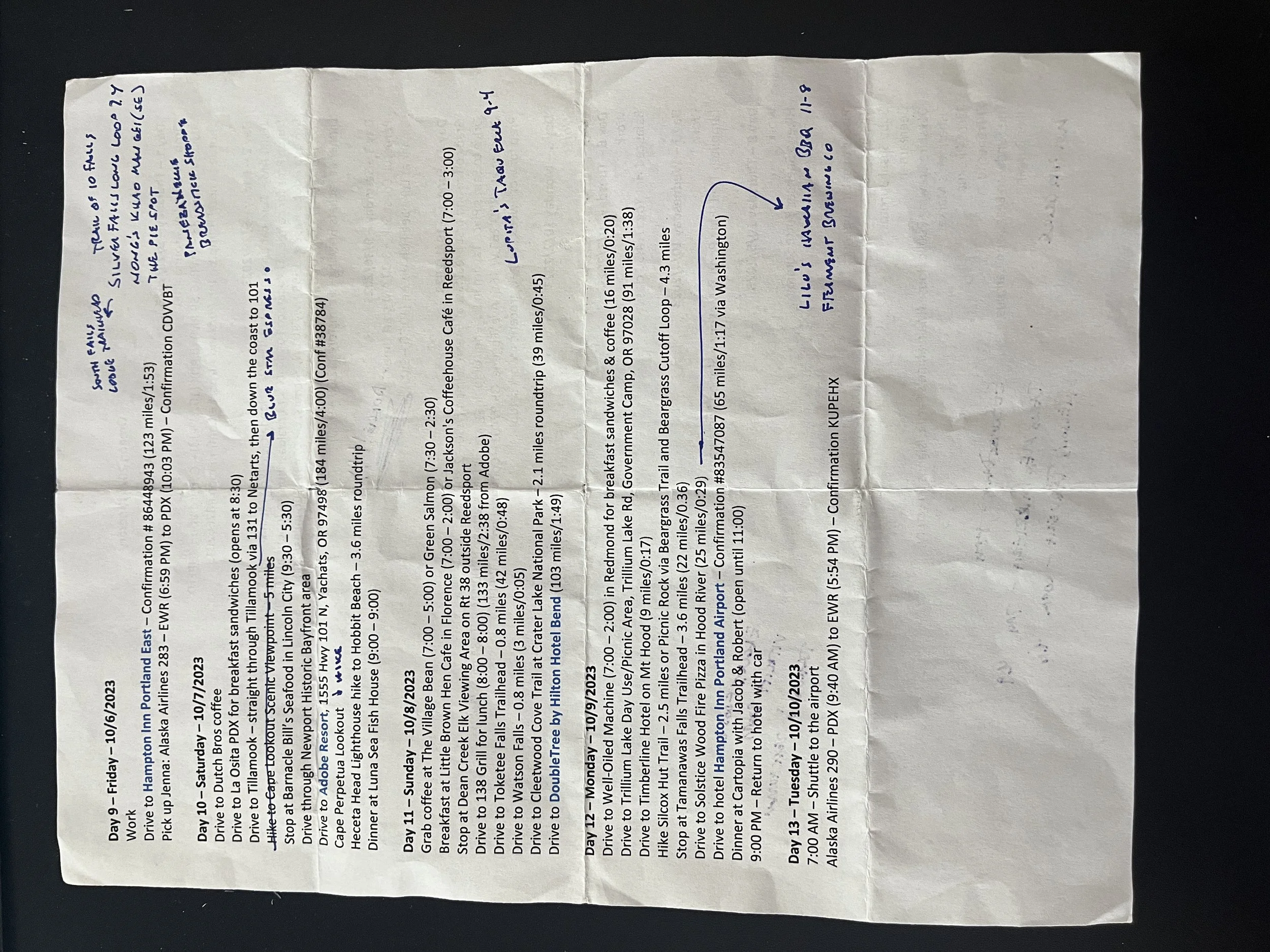 Custom travel itinerary printed on a single sheet of paper and folded for easy travel