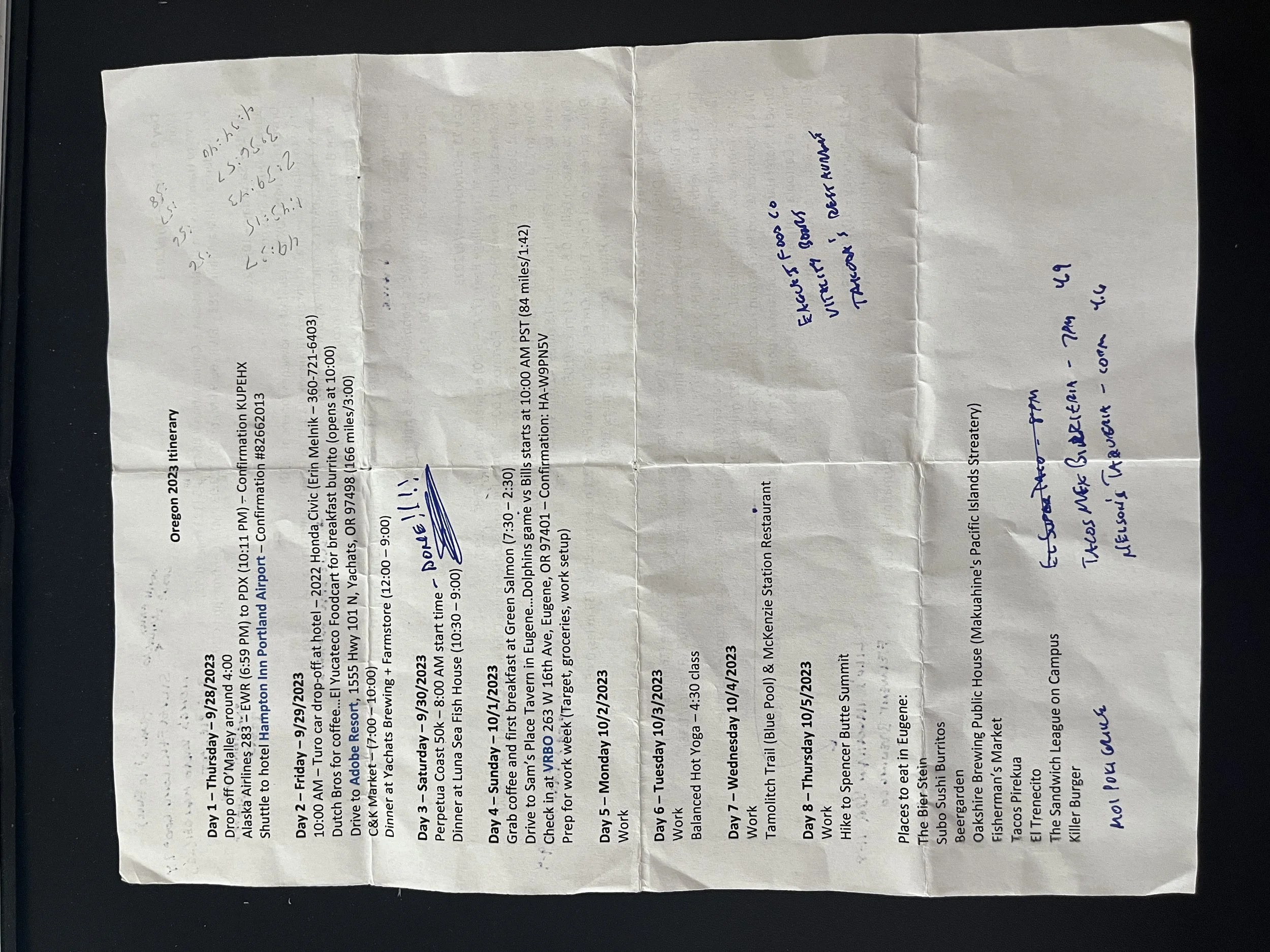 Custom travel itinerary printed on a single sheet of paper and folded for easy travel