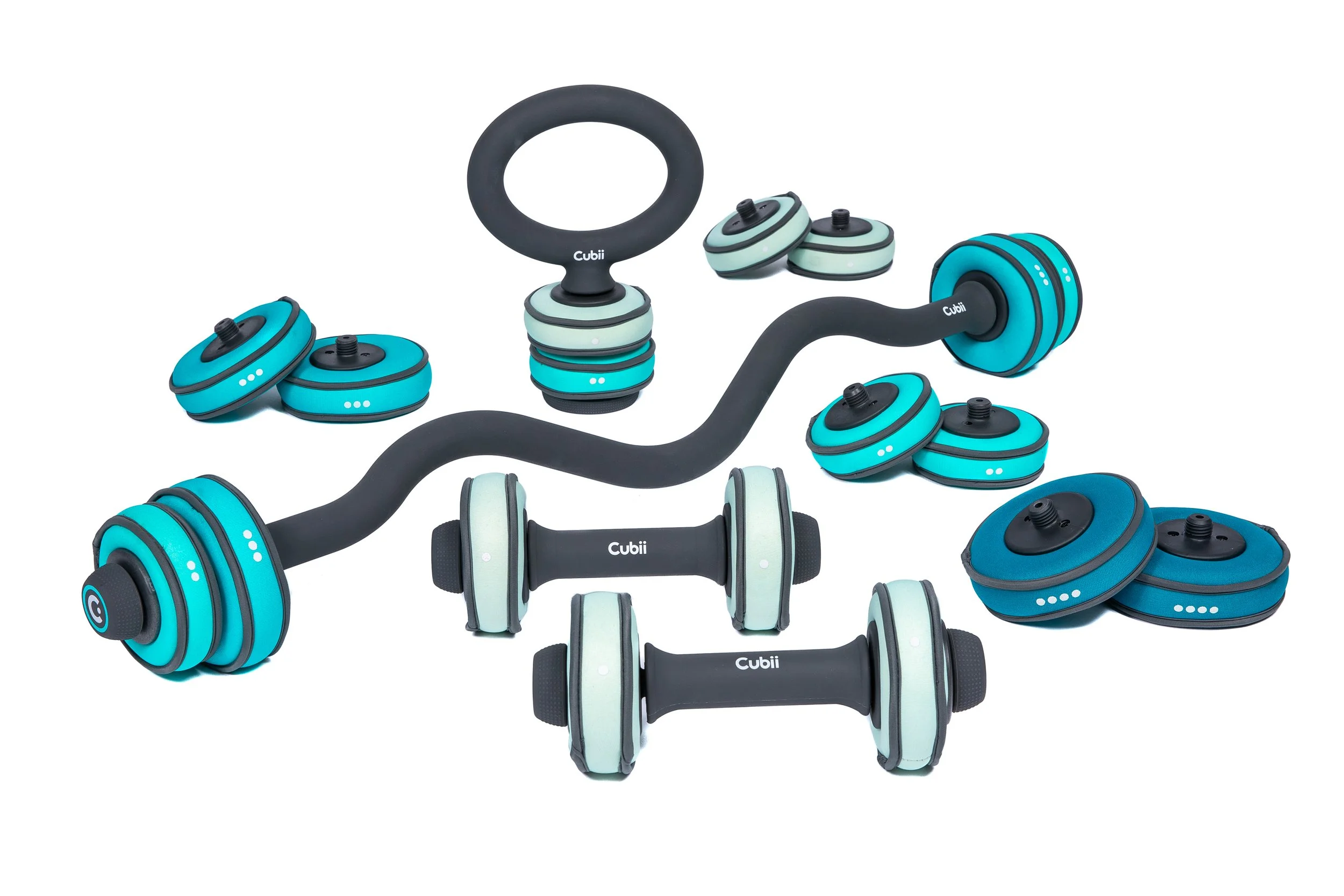 A set of compact exercise equipment, including several black, blue, and teal weights, a fitness ring, and hand grips, arranged on a white background.