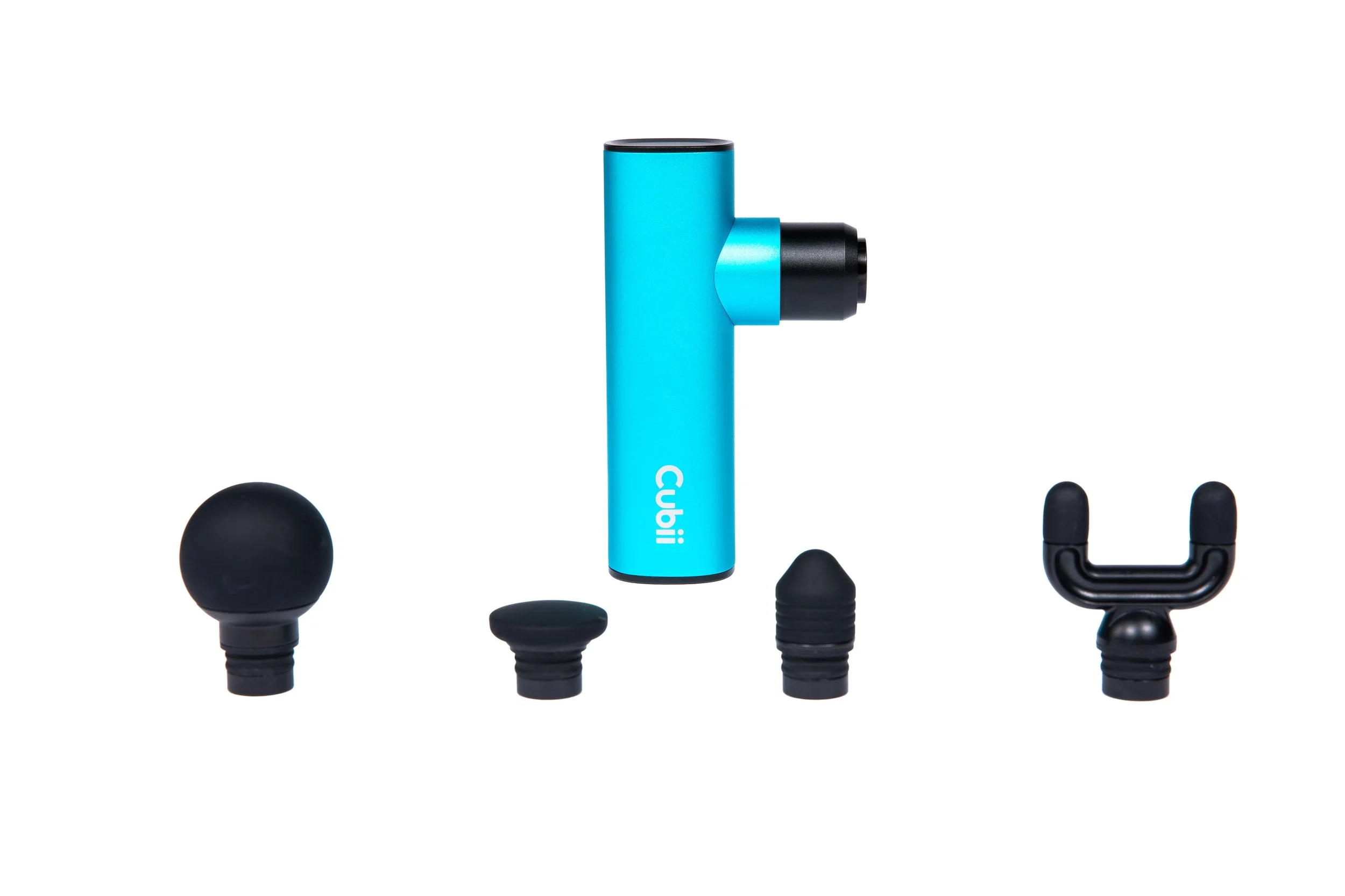 A blue massage gun surrounded by black massage attachments on a white background.