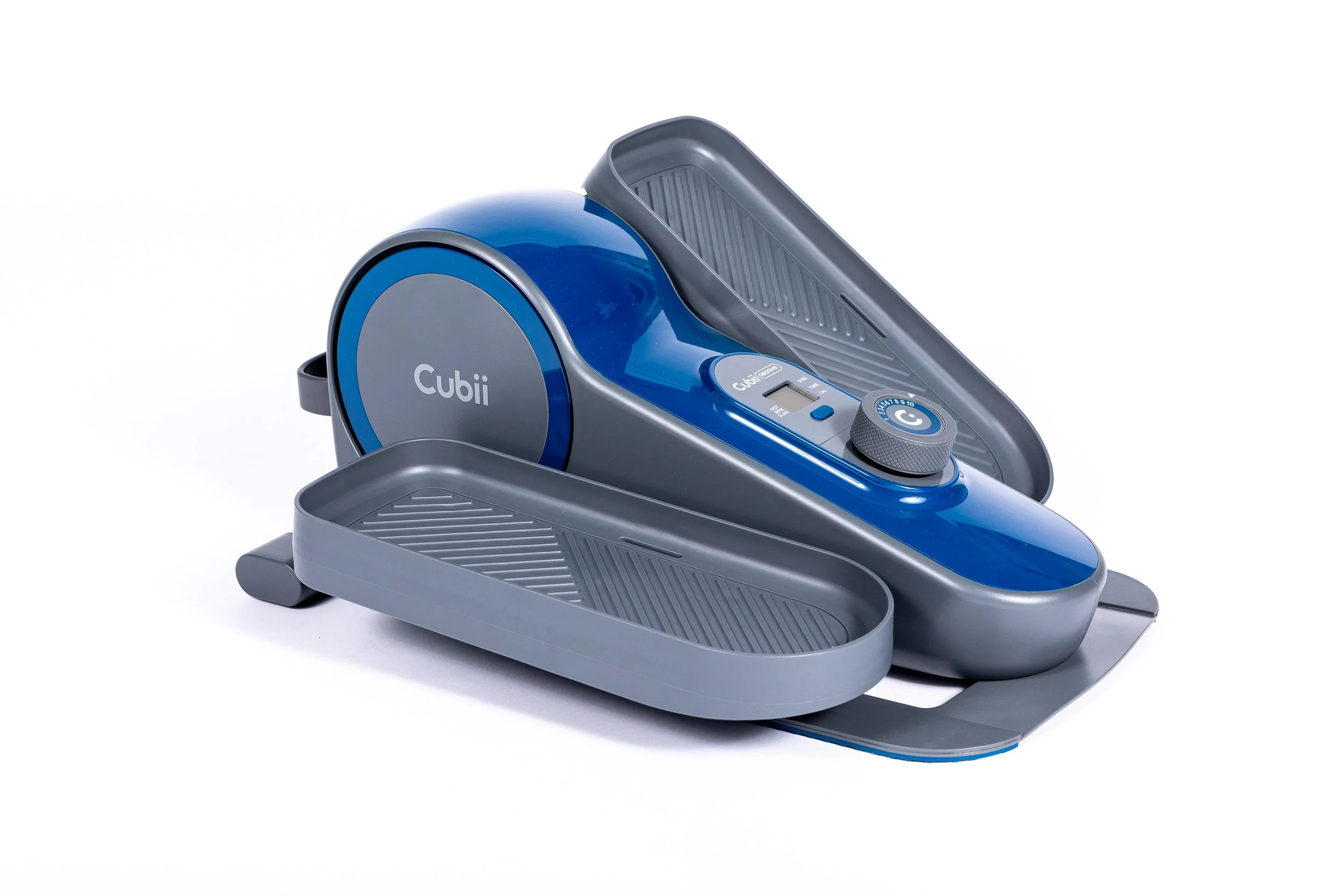 A robotic vacuum cleaner with a blue and gray design, labeled 'Cubii,' resting on a flat surface.