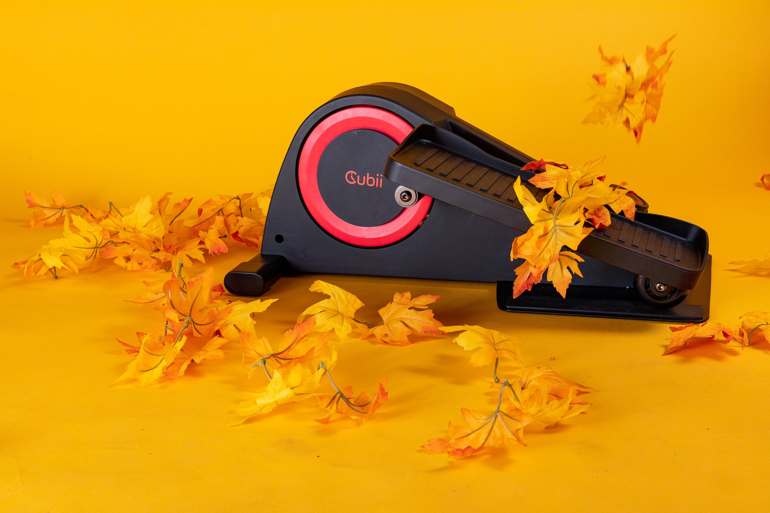 A black and red Cubii under a yellow background, surrounded by scattered orange and yellow autumn leaves.