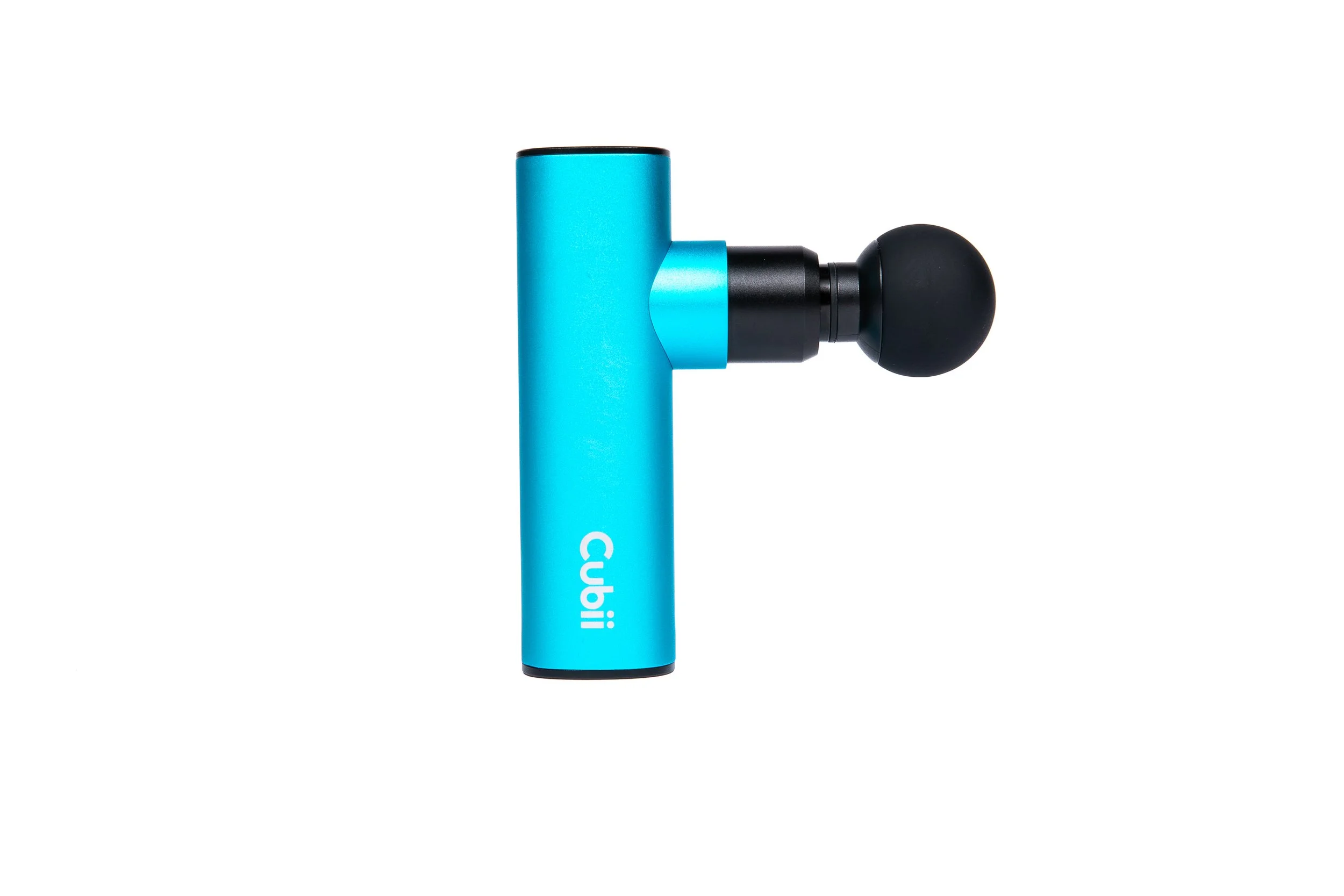 A blue-colored massage gun with a black attachment connected to its black handle