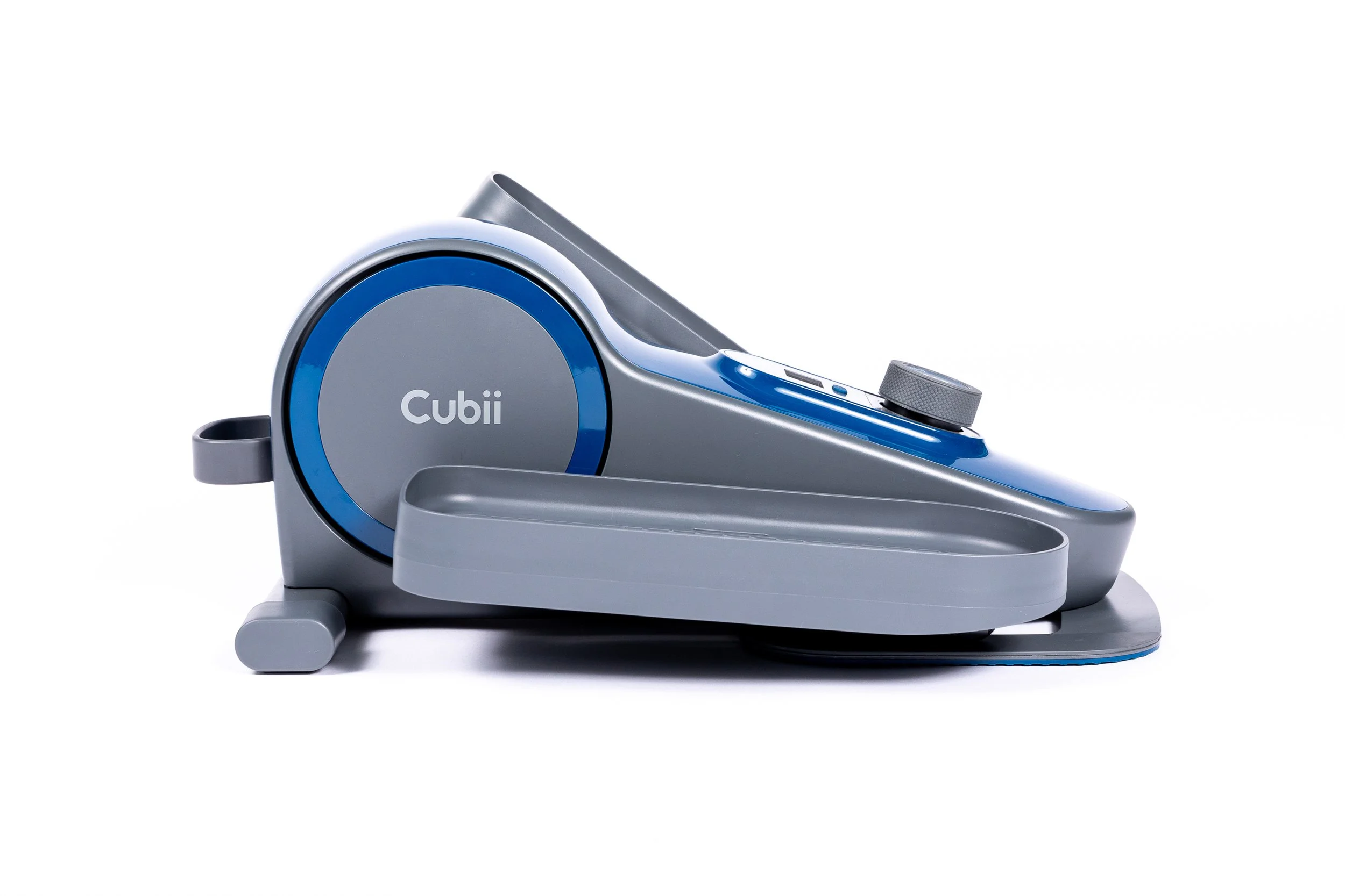 A modern colorful sewing machine with a sleek gray, blue, and silver design on a white background.