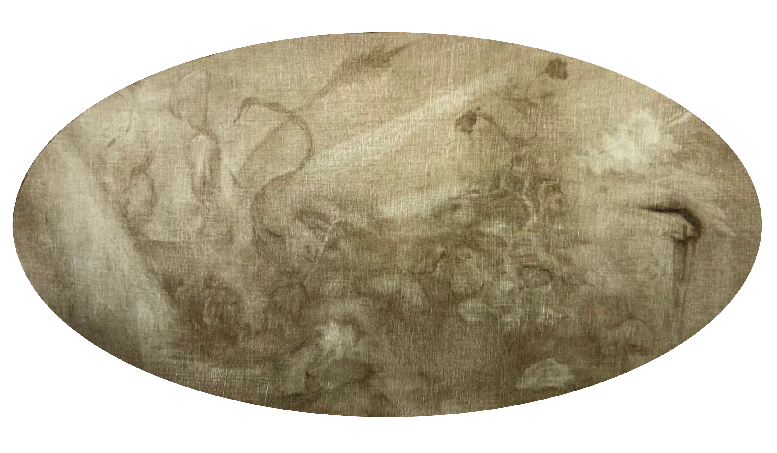 A close-up of a textured, beige, oval-shaped image with faint line drawings that resemble artistic engravings or sketches of an overgrown garden.