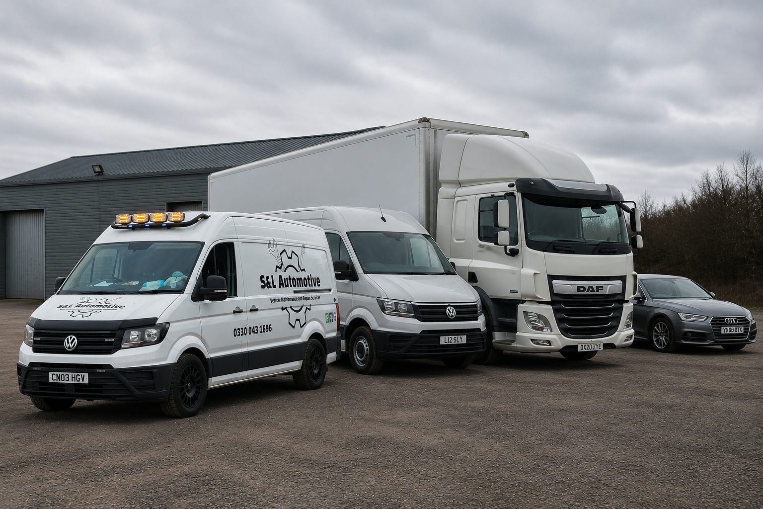 A row of four vehicles parked outside a building on a cloudy day: a white Volkswagen utility van with 'S&L Automotive' branding and warning lights on top, a white Volkswagen panel van, a large white DAF semi-truck, and a silver Audi sedan.