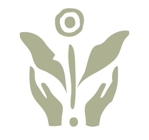 Minimalist illustration of two hands holding a flower with a circular shape above it.