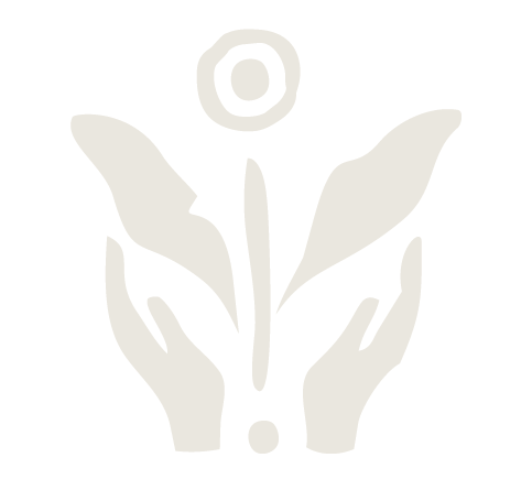 Stylized graphic of hands surrounding a circle, with a vertical line and two leaf-like shapes.