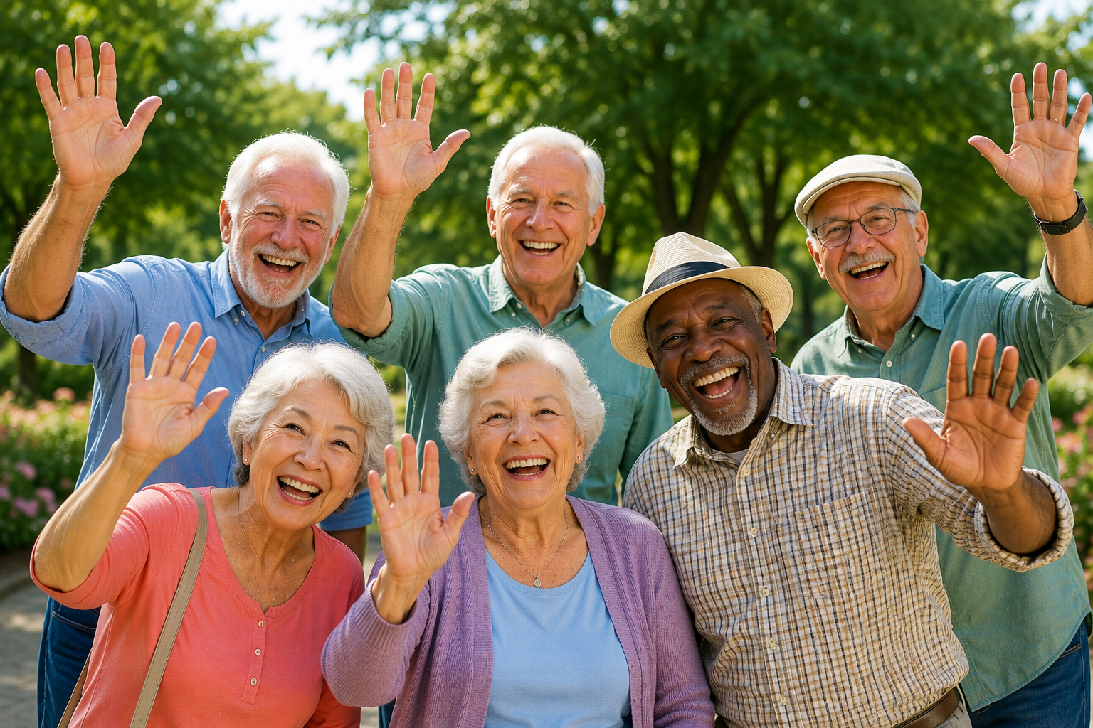 A group of seven smiling elderly people waving and greeting outdoors in a park with green trees.