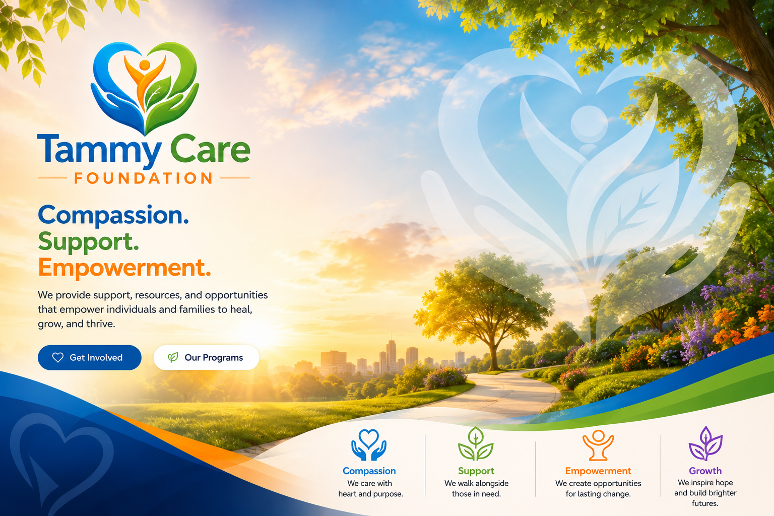 Tammy Care Foundation advertisement with a scenic park background, sunset, and informational text about support, resources, and programs focused on compassion, support, empowerment, and growth.