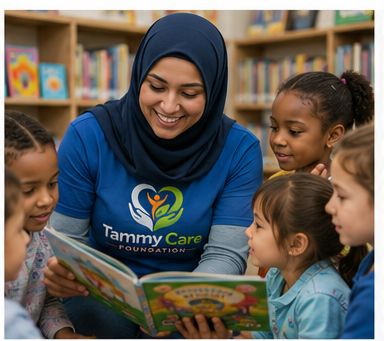 A woman wearing a blue Tammy Care Foundation shirt and a hijab reads a colorful book to a group of young children in a library.