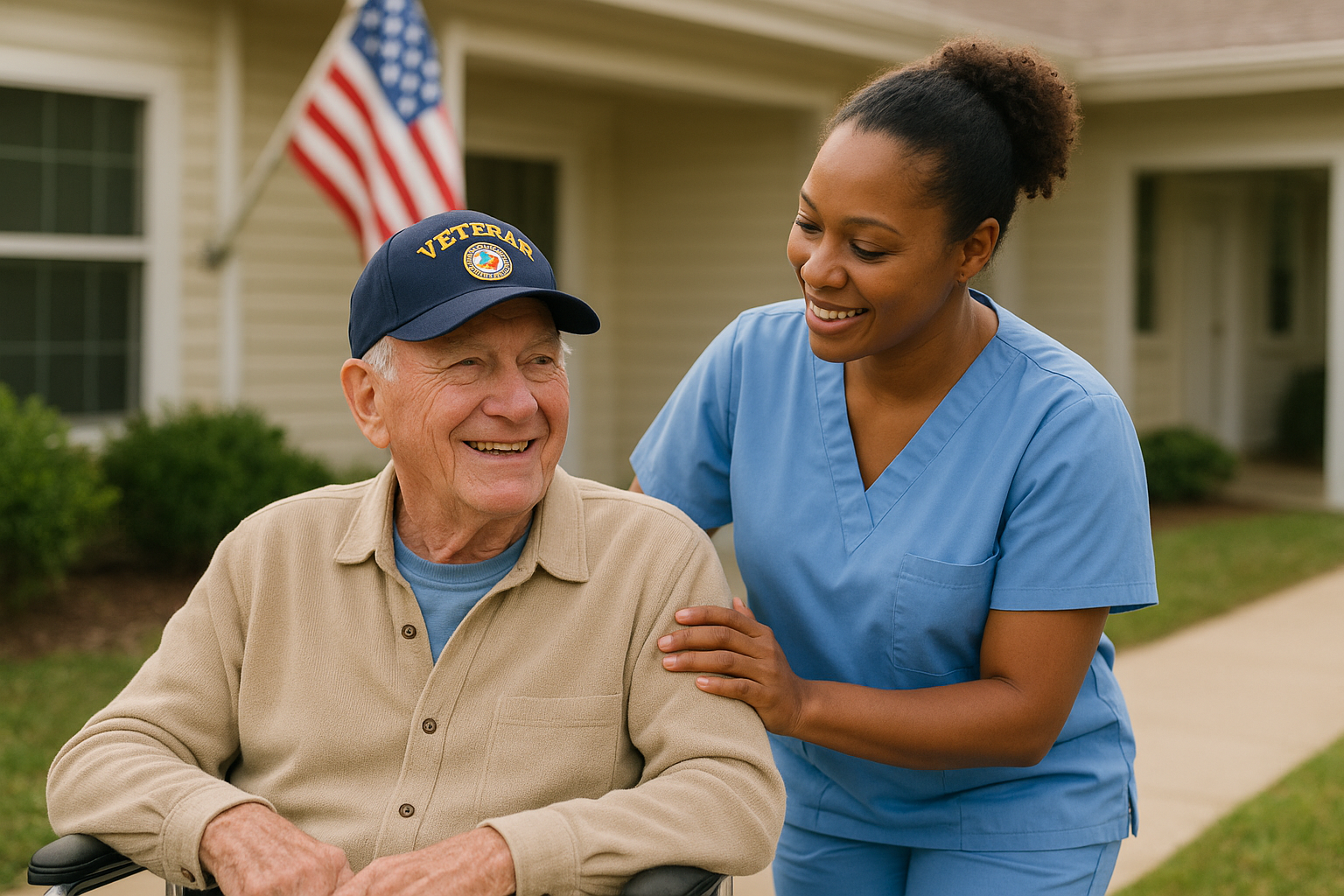 An elderly man in a wheelchair smiling at a nurse who is standing next to him, wearing blue scrubs and touching his arm, outside a house with an American flag in the background.