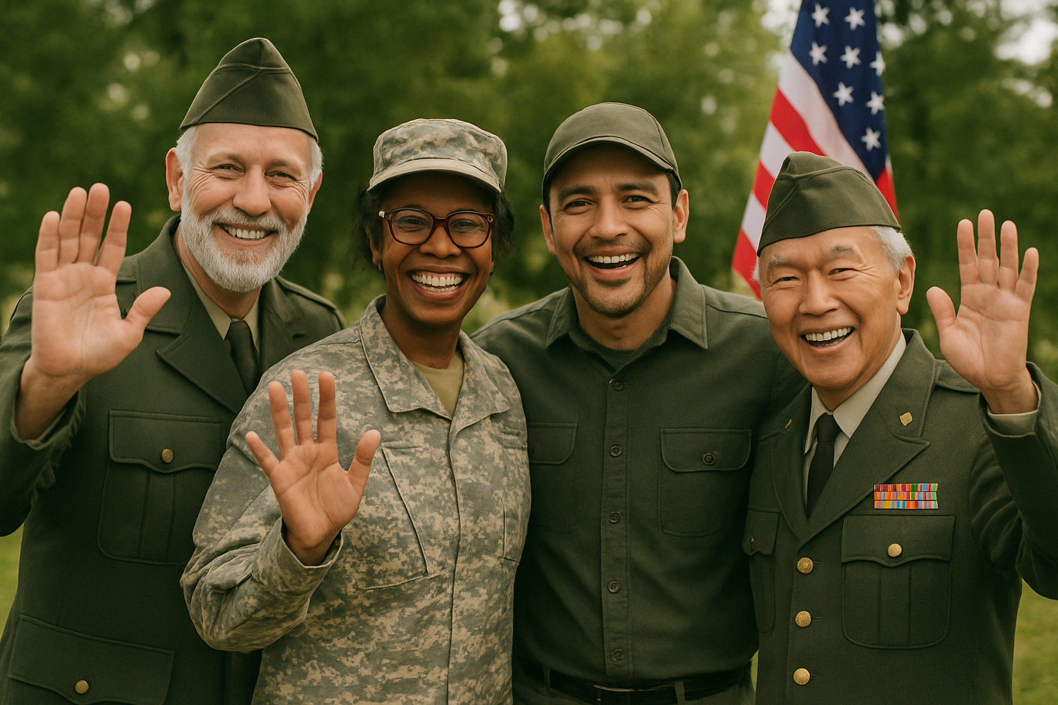 Group of four smiling veterans in military uniforms waving outdoors with trees and an American flag in the background.