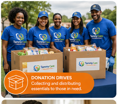 Five people wearing blue Tammy Care t-shirts and hats, smiling, standing outdoors behind boxes filled with food donations, during a donation drive event.
