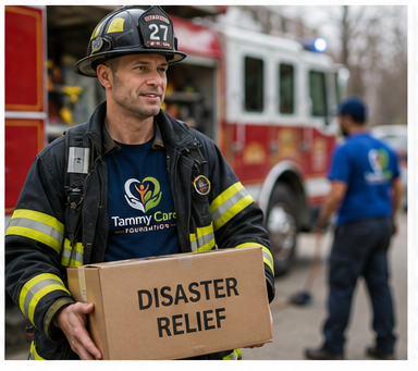 Firefighter holding a box labeled 'Disaster Relief' with a fire truck and other people in the background.