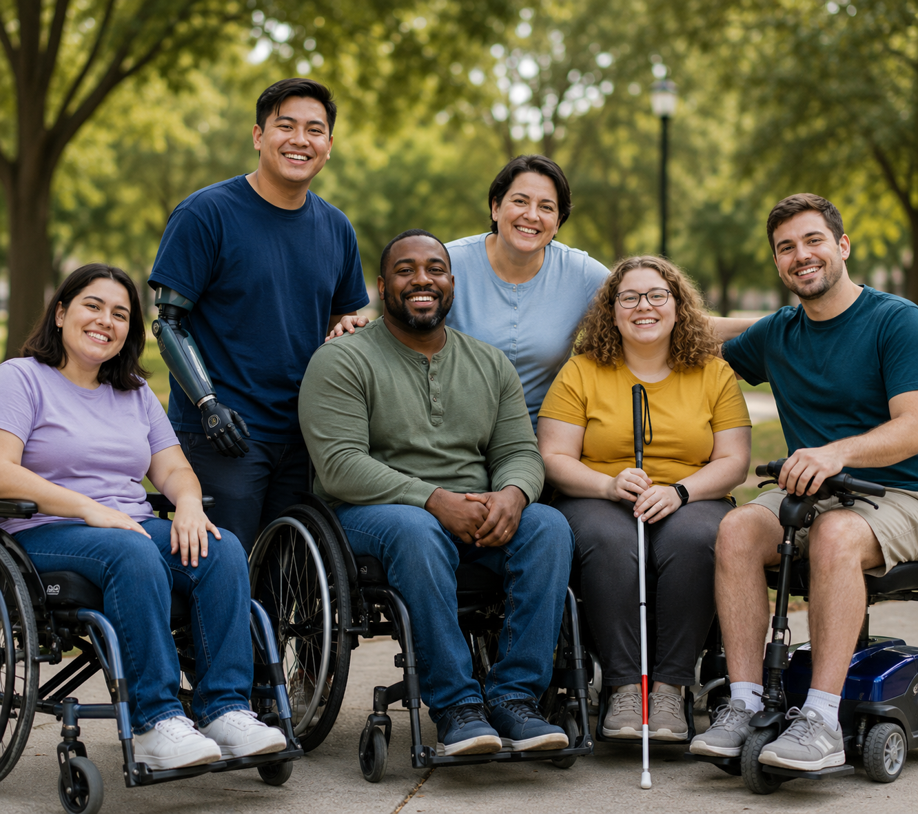 Group of seven diverse people, some in wheelchairs, smiling and enjoying outdoors in a park with green trees.