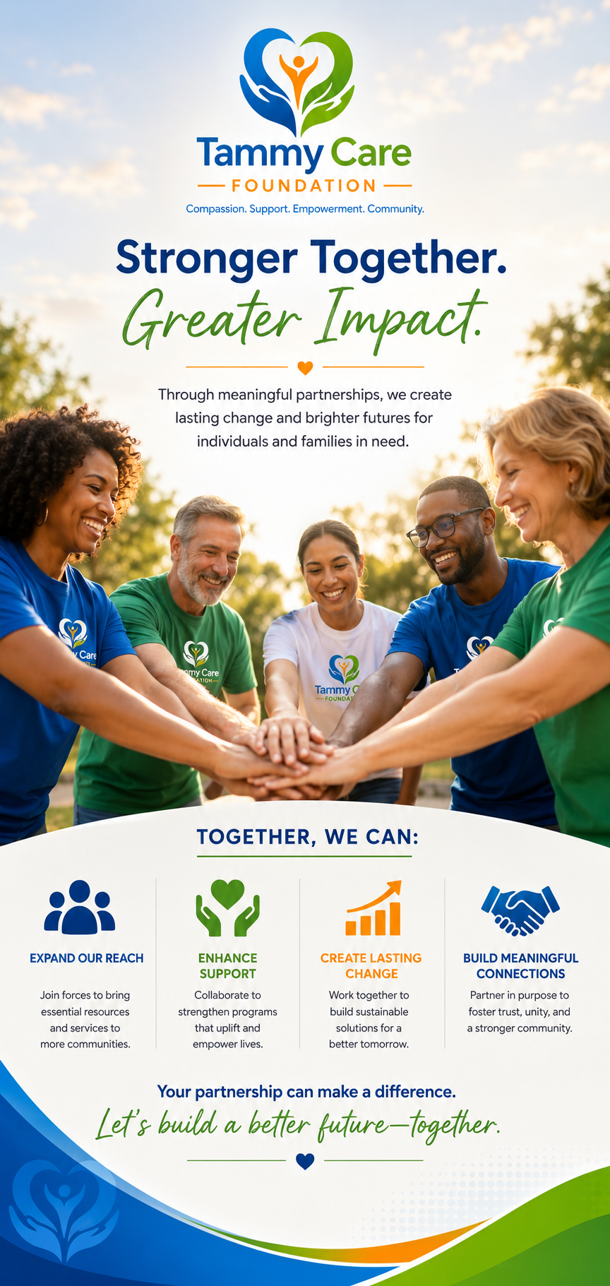 Group of diverse people wearing Tammy Care Foundation t-shirts, placing hands together in a circle outdoors during daytime, smiling, with trees and a bright sky in the background.