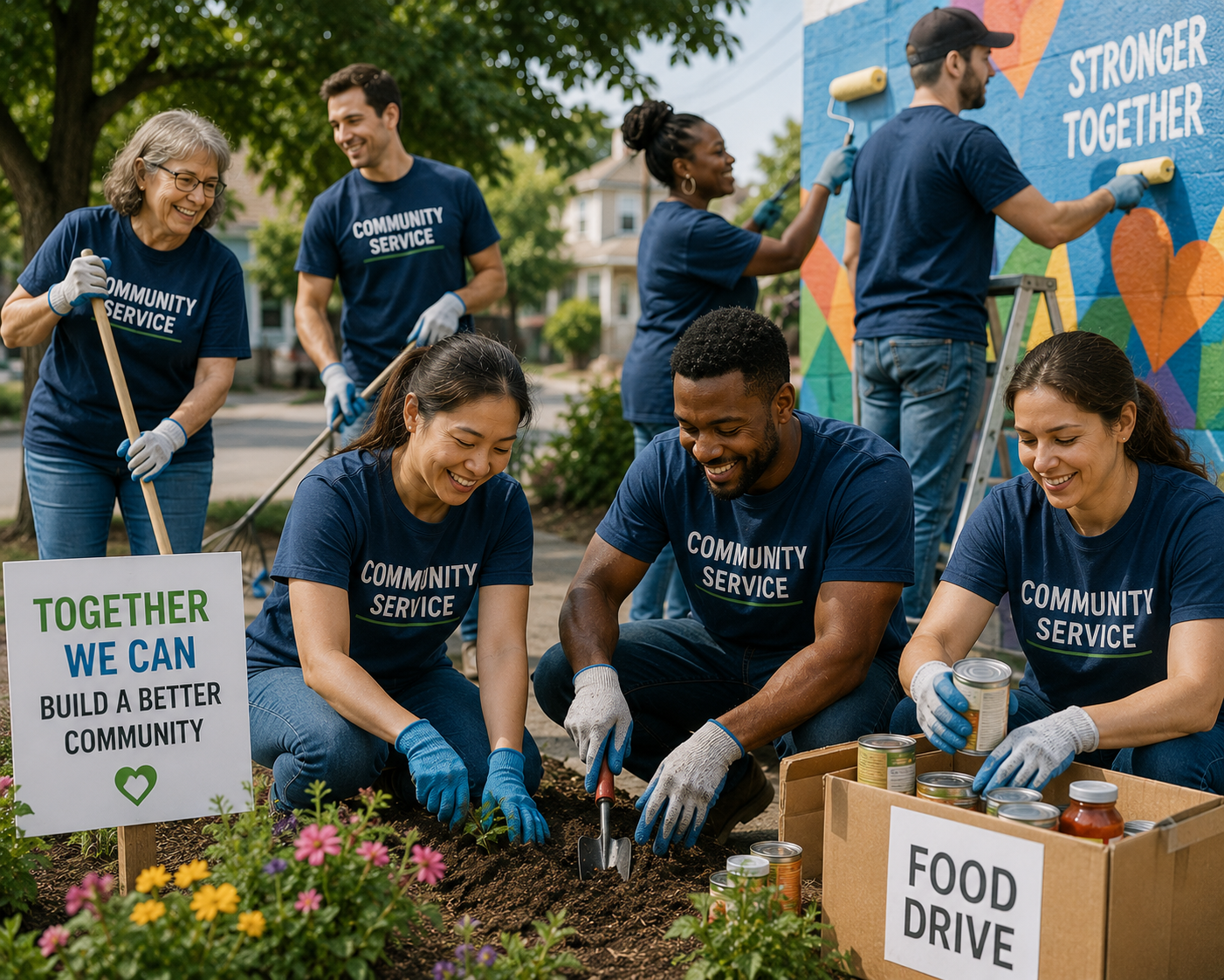 Community service volunteers planting flowers and organizing supplies at a community garden during a neighborhood cleanup event.