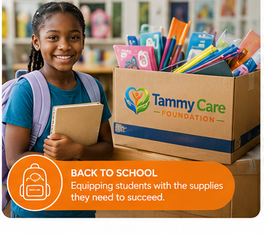 A young girl standing next to a box of school supplies, smiling, with a backpack and clipboard, promoting back to school supplies from Tammy Care Foundation.